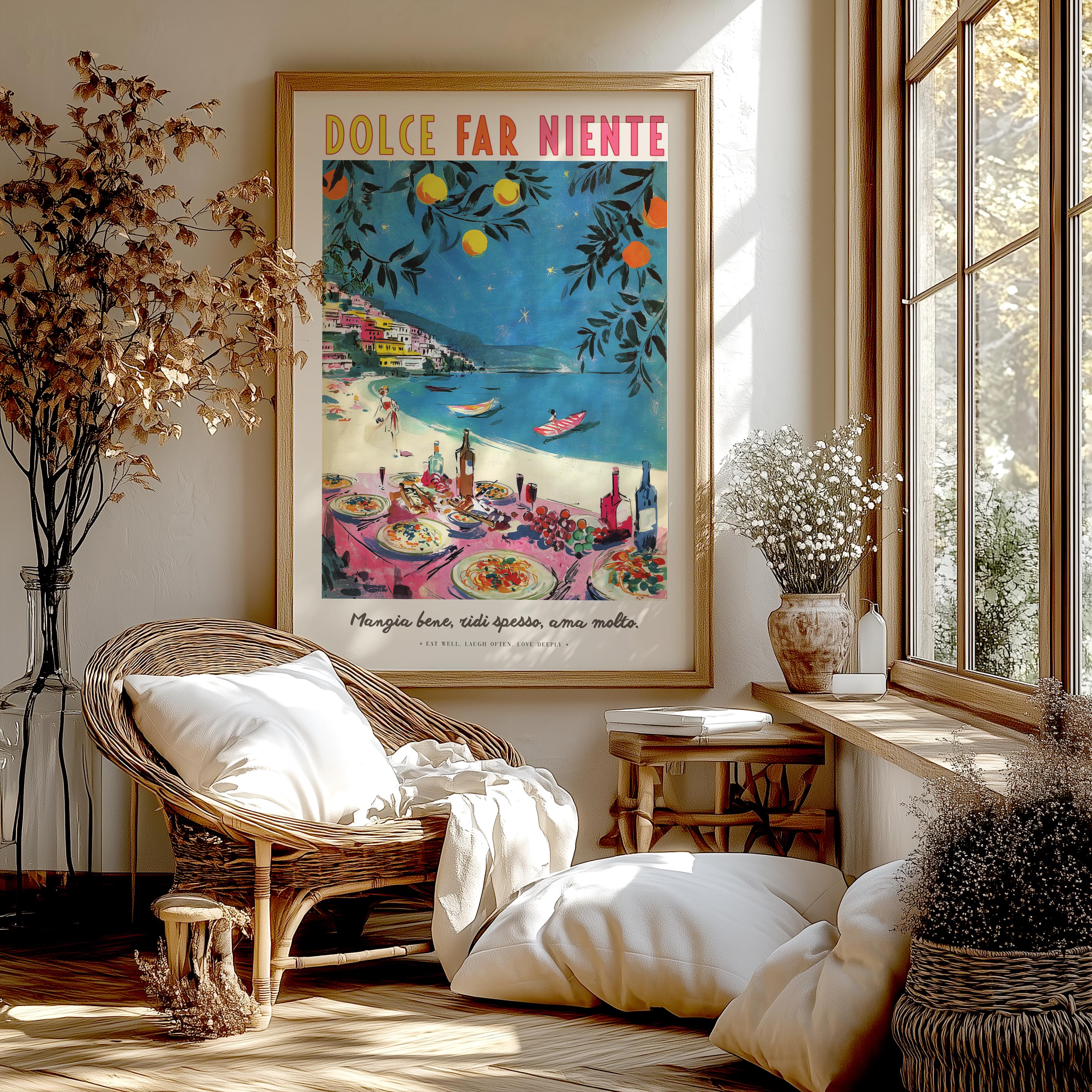 3000x3000 Italian Beach Wall Art, Dolce Far Niente Retro Illustration Home Decor Print