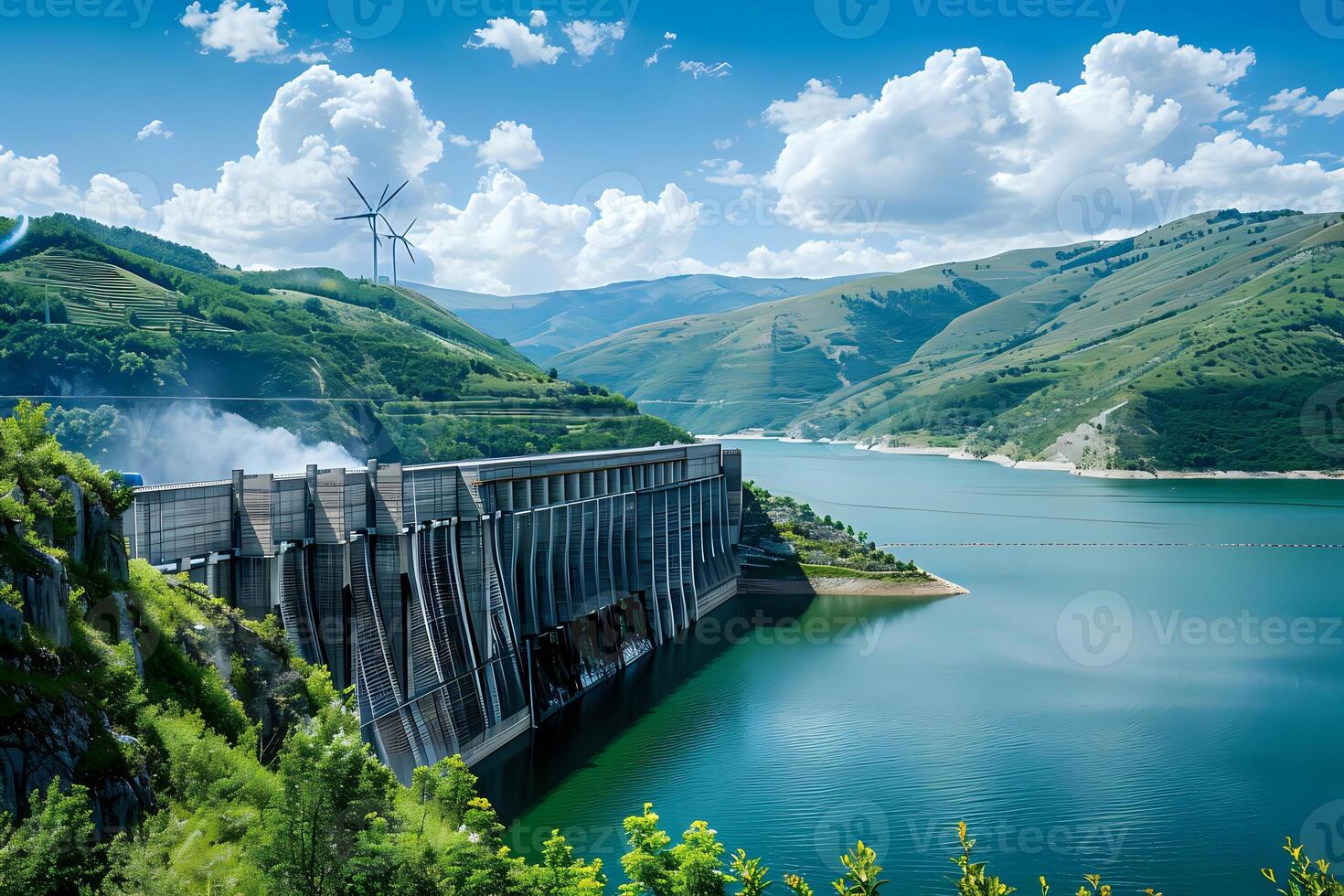 1470x980 Majestic Dam Structure Generates Hydropower Amidst Serene Mountain Landscape, Featuring Wind Turbines for Renewable Energy, Enhancing Sustainability