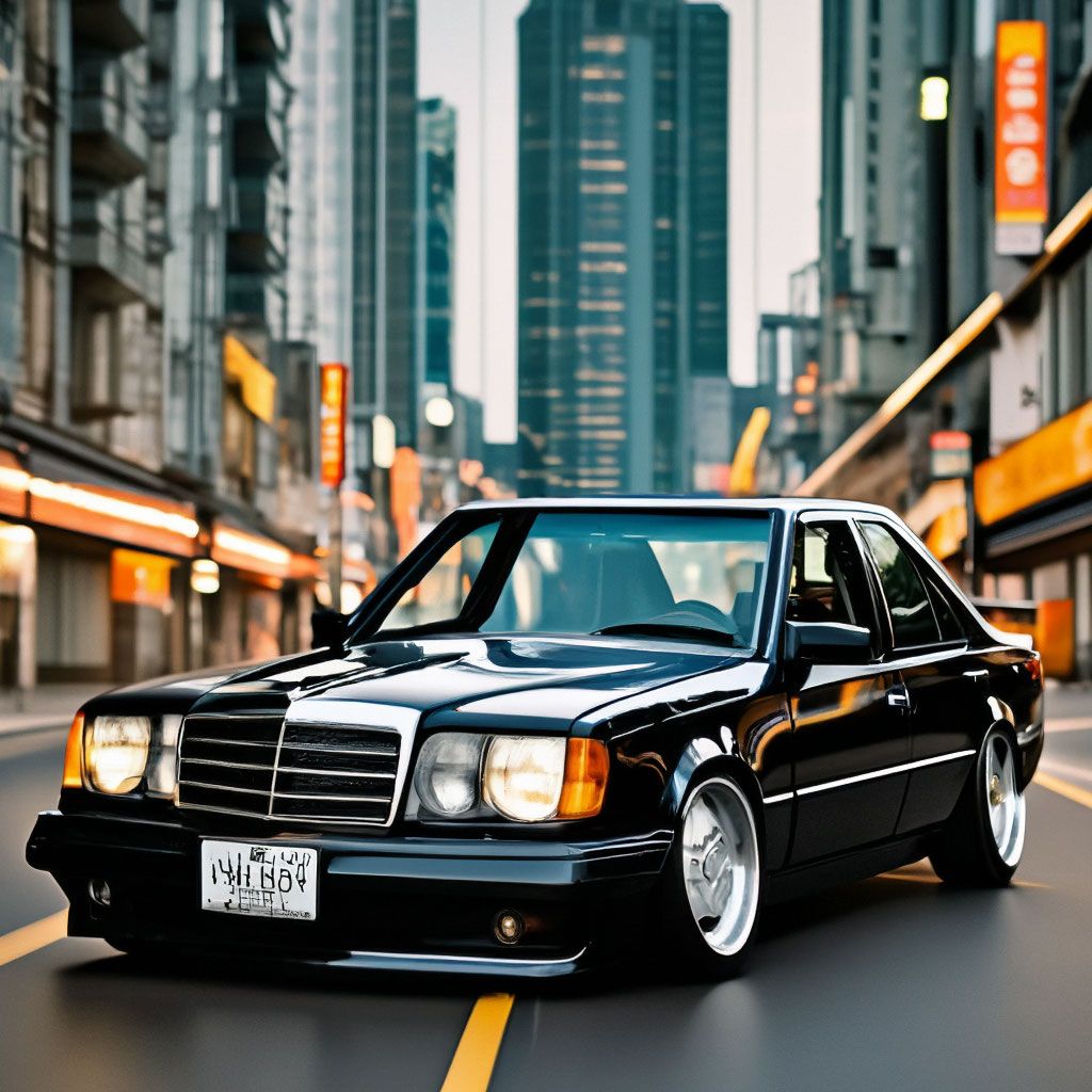 1024x1024 Mercedes w124 black on the background of Tokyo