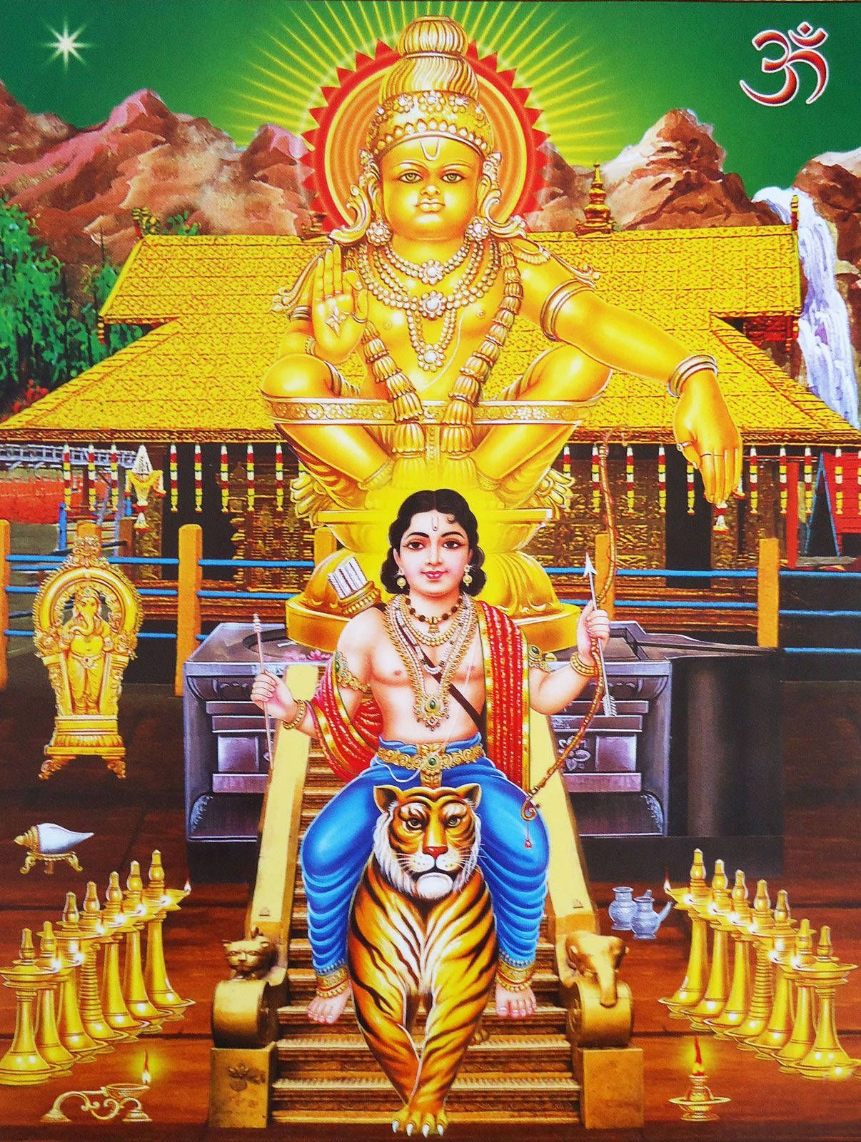 1206x1600 Download Lord Ayyappa In Temple With Tiger Wallpaper