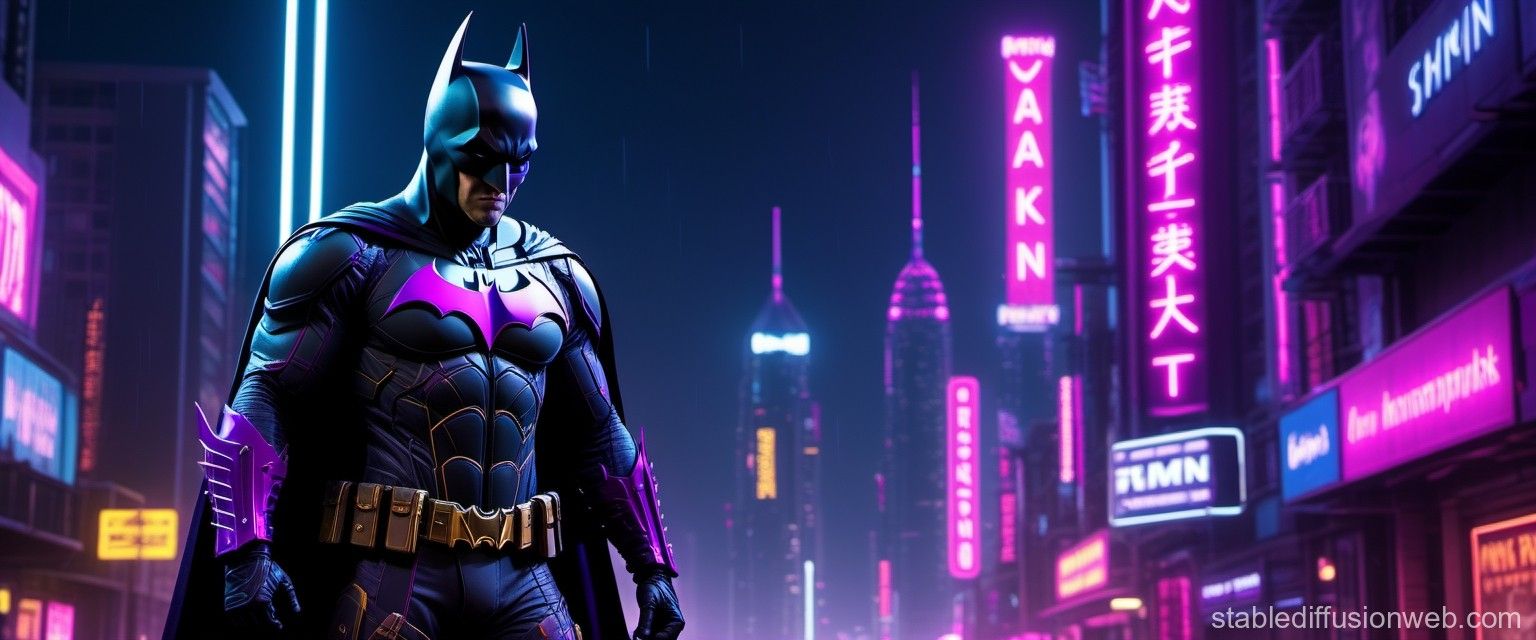 1536x640 Batman in Cyberpunk City with Sword. Stable Diffusion Online