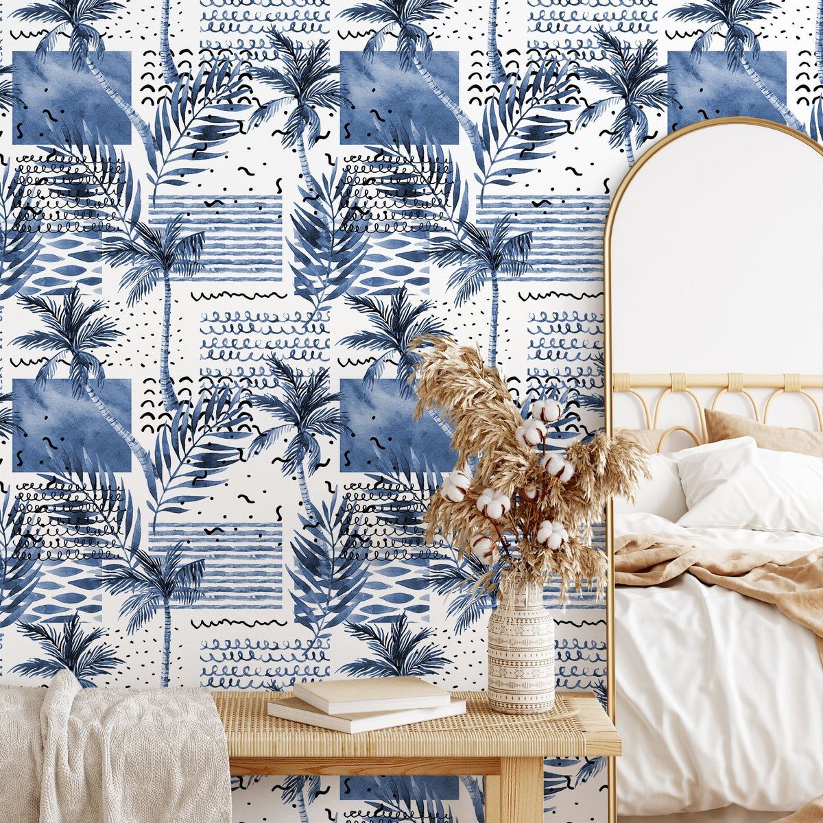 1200x1200 Coastal Wallpaper with an Abstract Palm Tree Collage in Blue and Black roll: 24w x 76h / Fabric: Peel and Stick