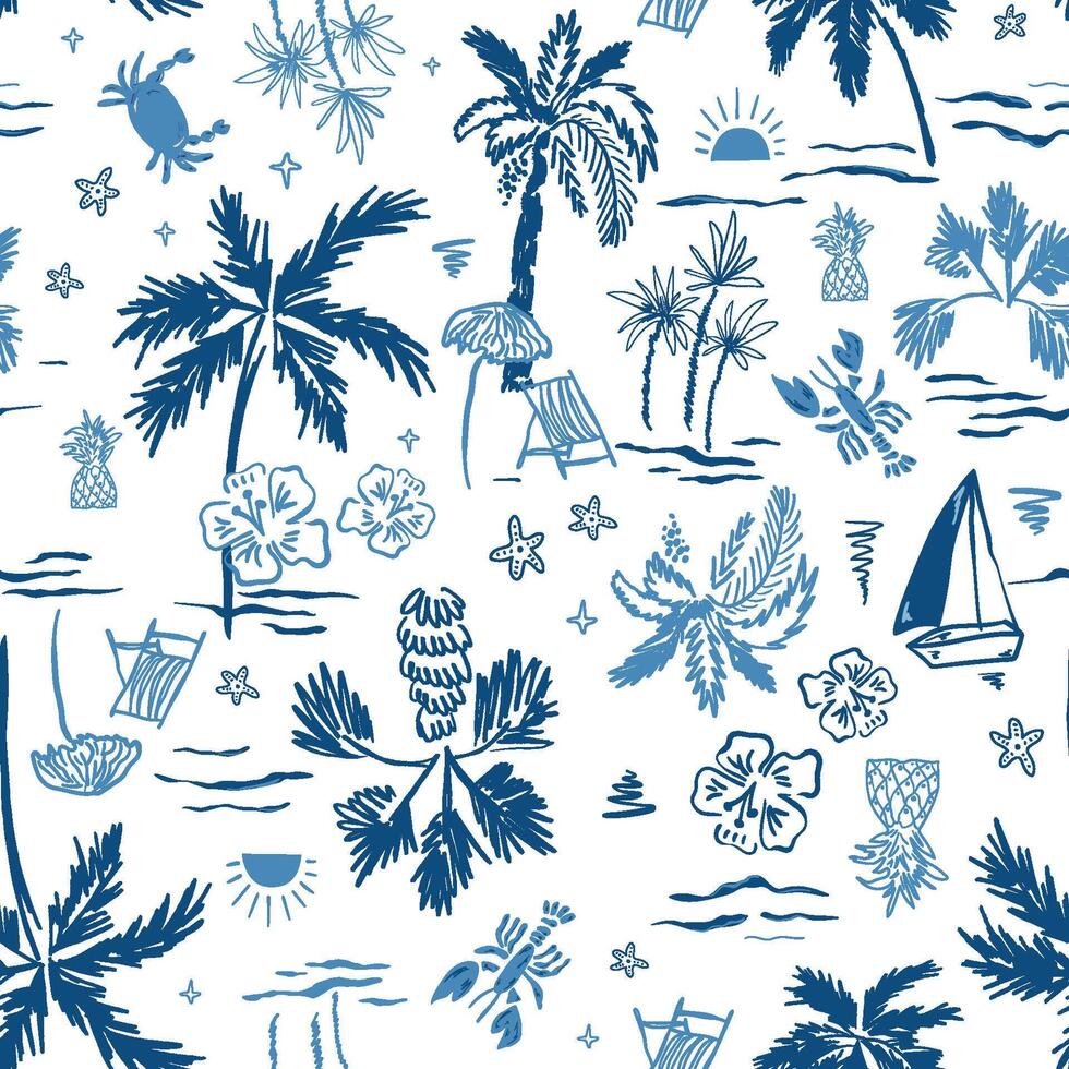 980x980 Blue Indigo Summer Tropical Beach Seamless Pattern Cute Hand Drawn Palm Tree, Vacation, Coastal Design, Boat, Lobster, Sea Island Print, Exotic Wallpaper, Textile, Background. Tropic Wrap Paper