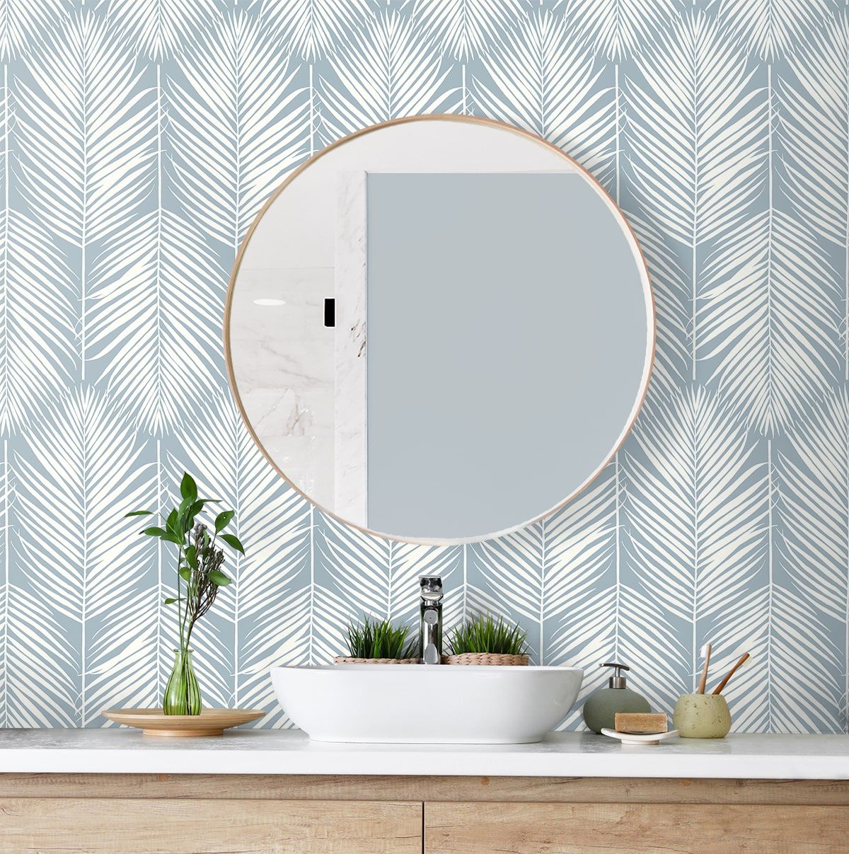 1200x1207 Seabrook Designs Palm Silhouette Prepasted Light Blue Wallpaper PR11402