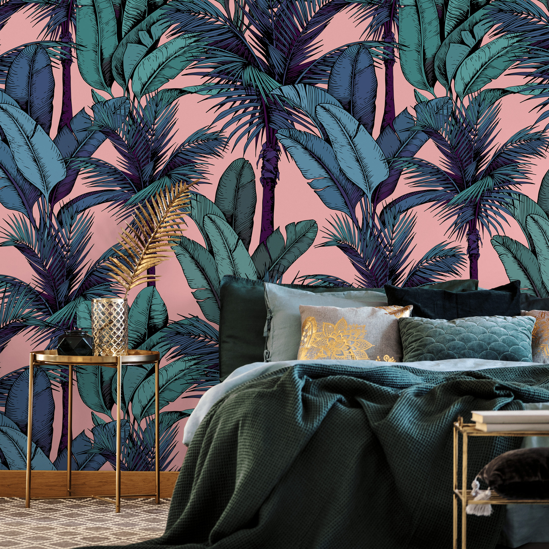 2215x2215 Tropical Wallpaper with Illustrated Palm Trees in Pink, Teal, and Blue roll: 24w x 124h / Canvas: Peel and Stick