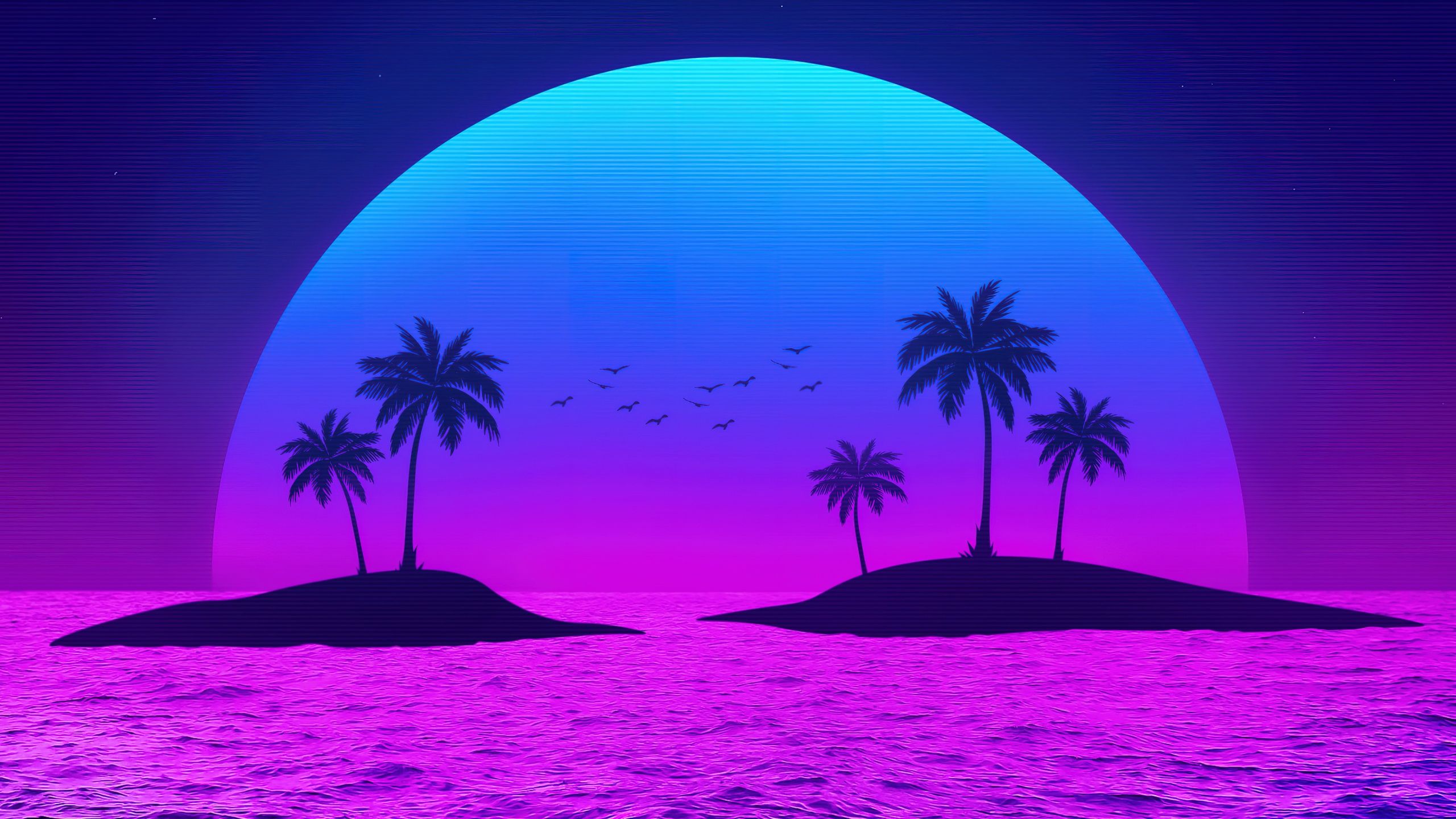 2560x1440 Tropical Wallpaper 4K, Islands, Palm trees, Sunset, Neon