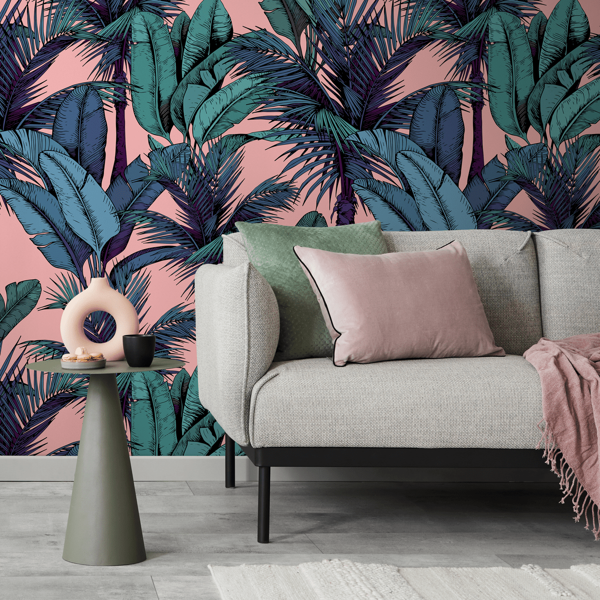 1200x1199 Tropical Wallpaper with Illustrated Palm Trees in Pink, Teal, and Blue roll: 24w x 124h / Canvas: Peel and Stick