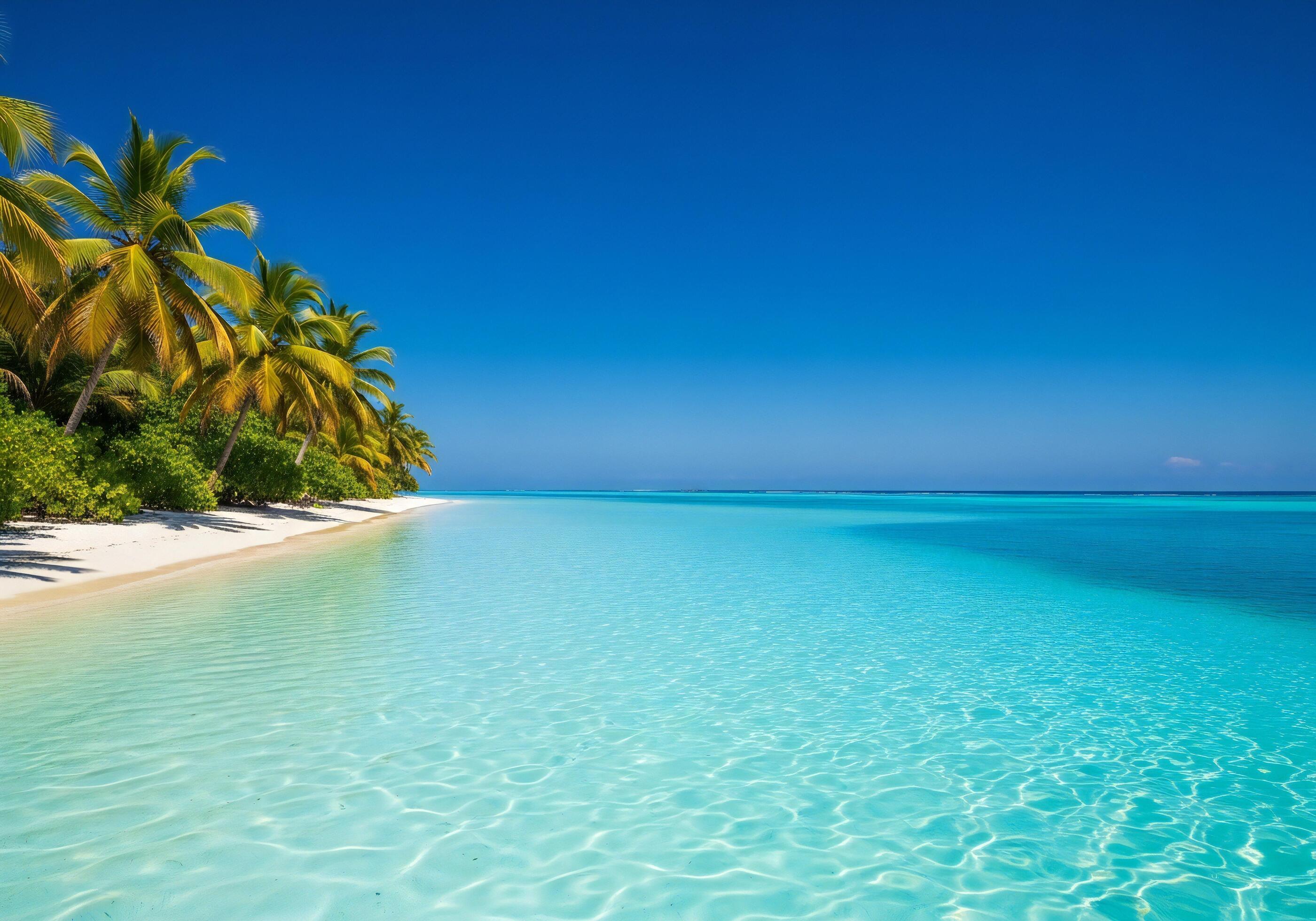 2800x1960 Nature background, Nature wallpaper, Pristine tropical beach with lush palm trees and crystal clear turquoise ocean water under a bright blue sky
