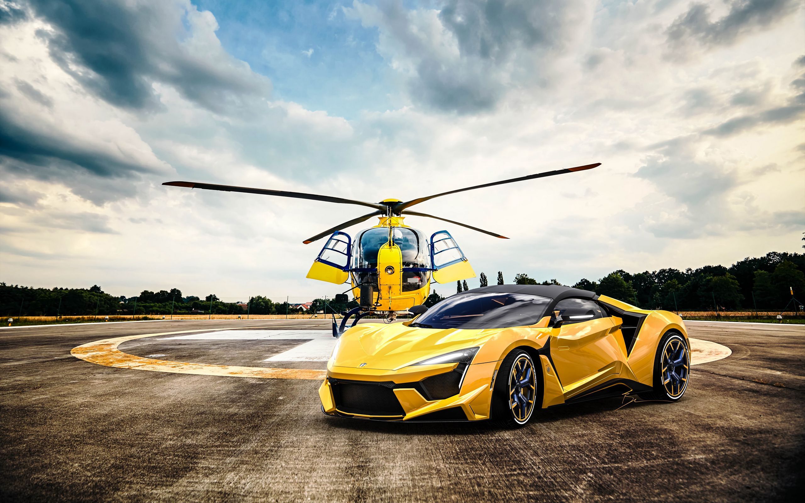 2560x1600 Download wallpaper 2560x1600 car, helicopter, yellow, sportscar widescreen 16:10 HD background