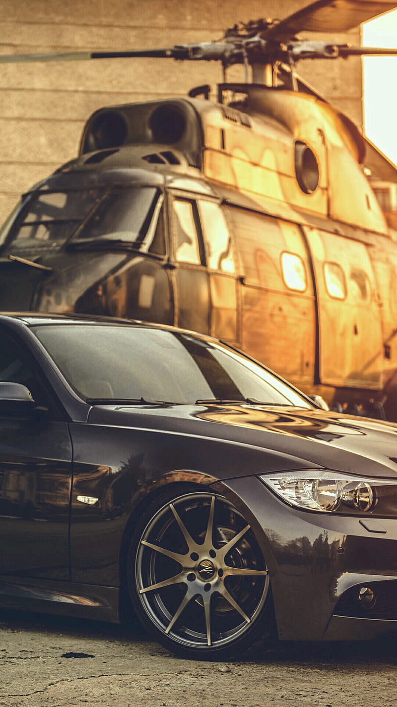 800x1422 Car And Helicopter, black, carros, galaxy, HD phone wallpaper