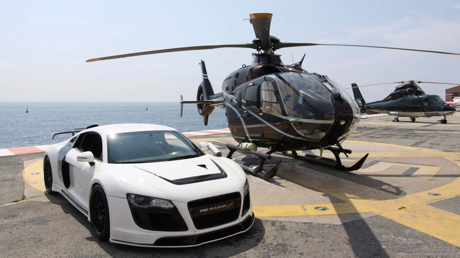 1600x900 Download Cool Helicopter And Audi R8 Car Wallpaper