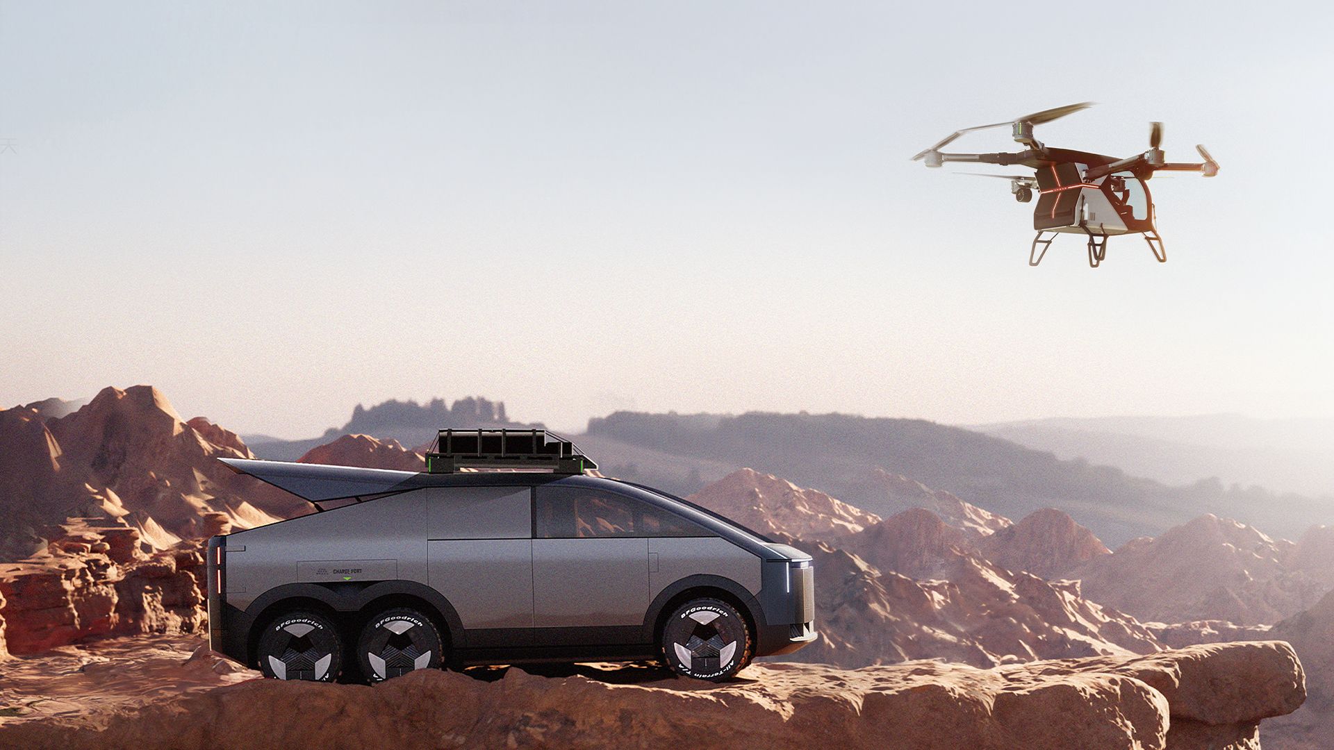 1920x1080 This Six Wheeled Cybertruck Like Van Packs A Built In Helicopter