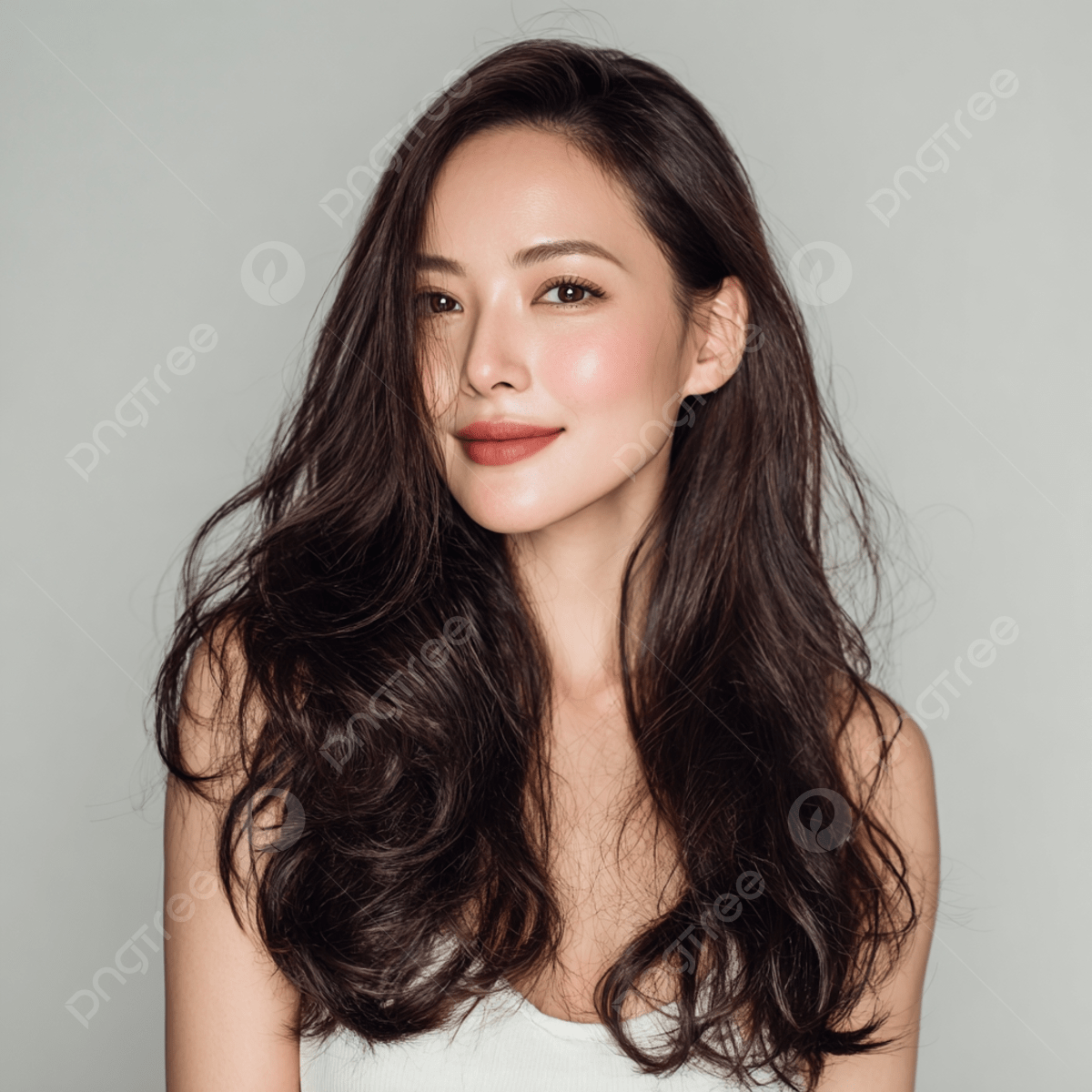 1200x1200 Elegant Asian Woman With Wavy Hair And Soft Smile, Asian Woman, Long Wavy Hair, White Tank Top Background Image And Wallpaper for Free Download