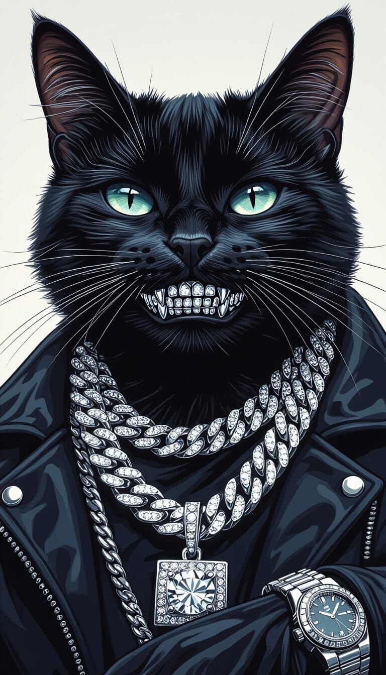 768x1344 Cat with Diamond Grillz and Jewelry in Dark Style