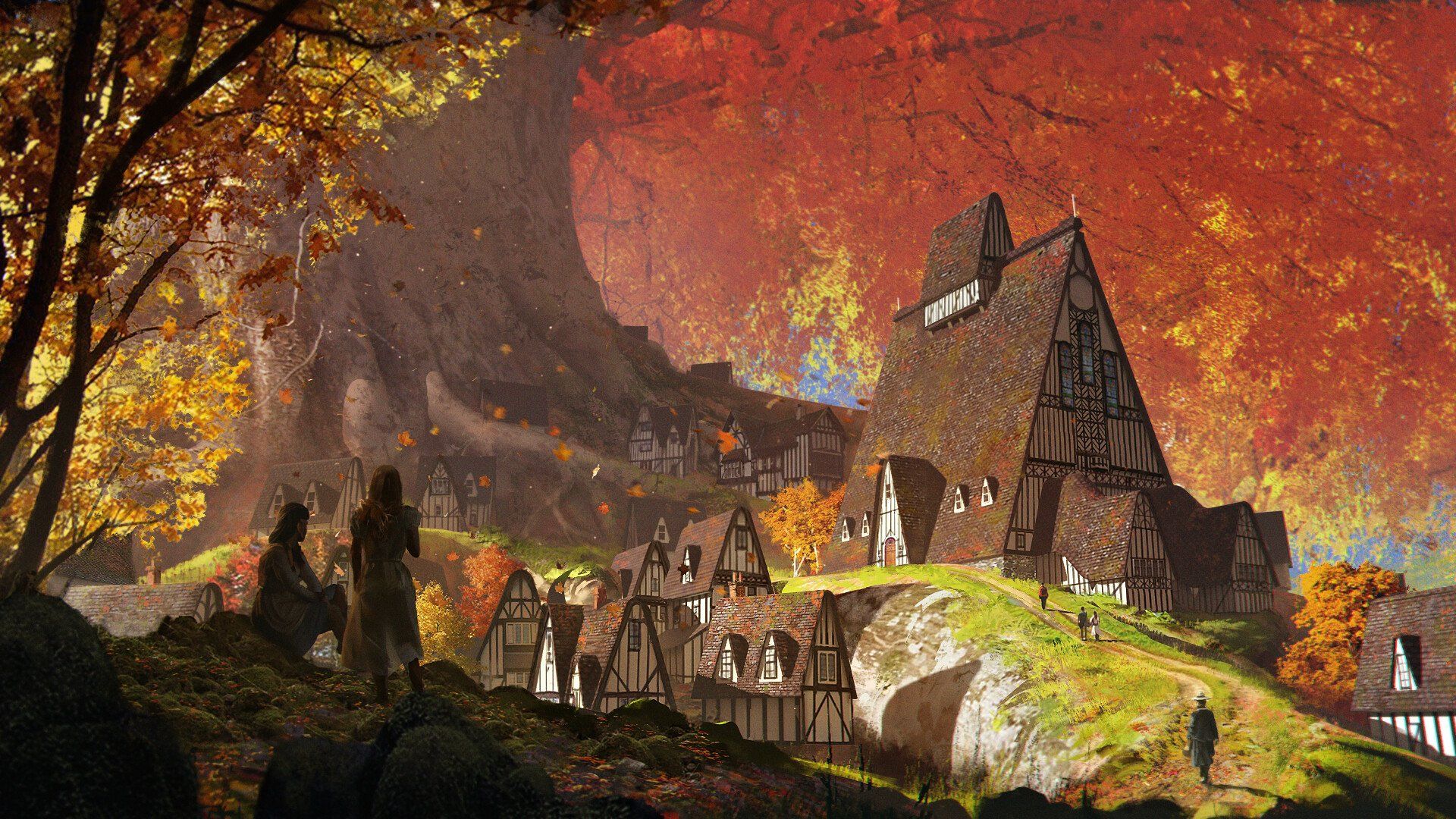 1920x1080 Autumn Haven: A Fantastical Cityscape in HD