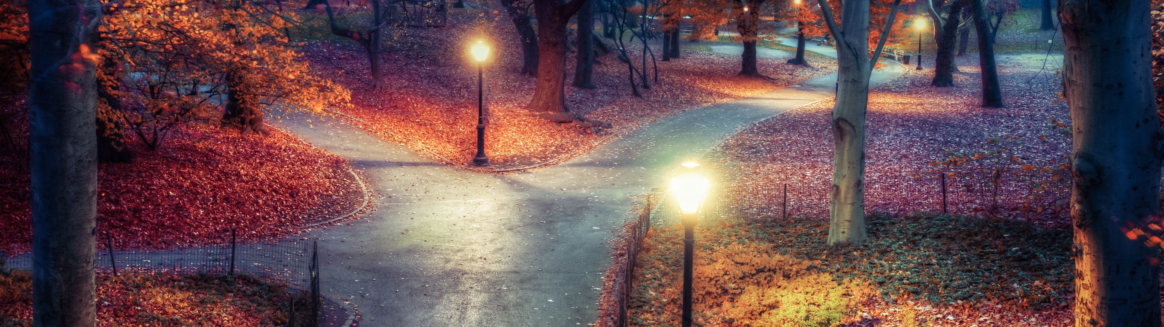 3840x1080 Central Park Wallpaper 4K, New York City, Autumn leaves
