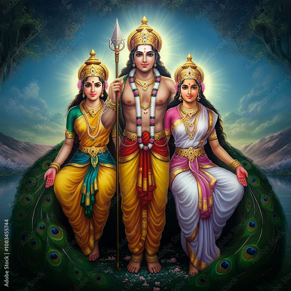 1000x1000 Glorious depiction of Lord Murugan with Valli and Deivanai in a serene forest setting, symbolizing devotion, power, and divine love Stock Illustration