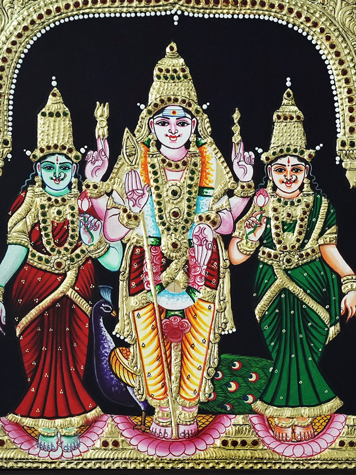 1500x2000 Tanjore Painting of Lord Murugan Valli Deivanai Standing. Traditional Colour With 24 Karat Gold. With Frame. Exotic India Art