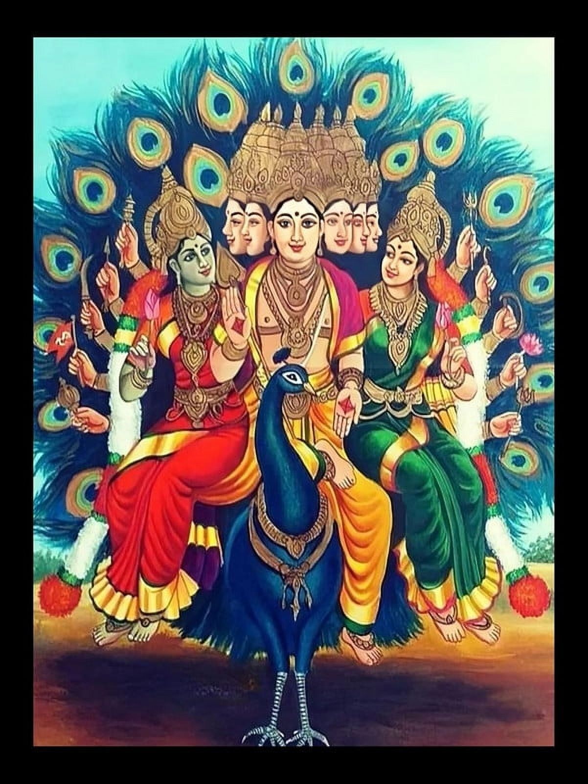 1202x1600 God Murugan with Valli Deivanai, Six face Muruga in Peacock Photo Frame 7 x 9 In