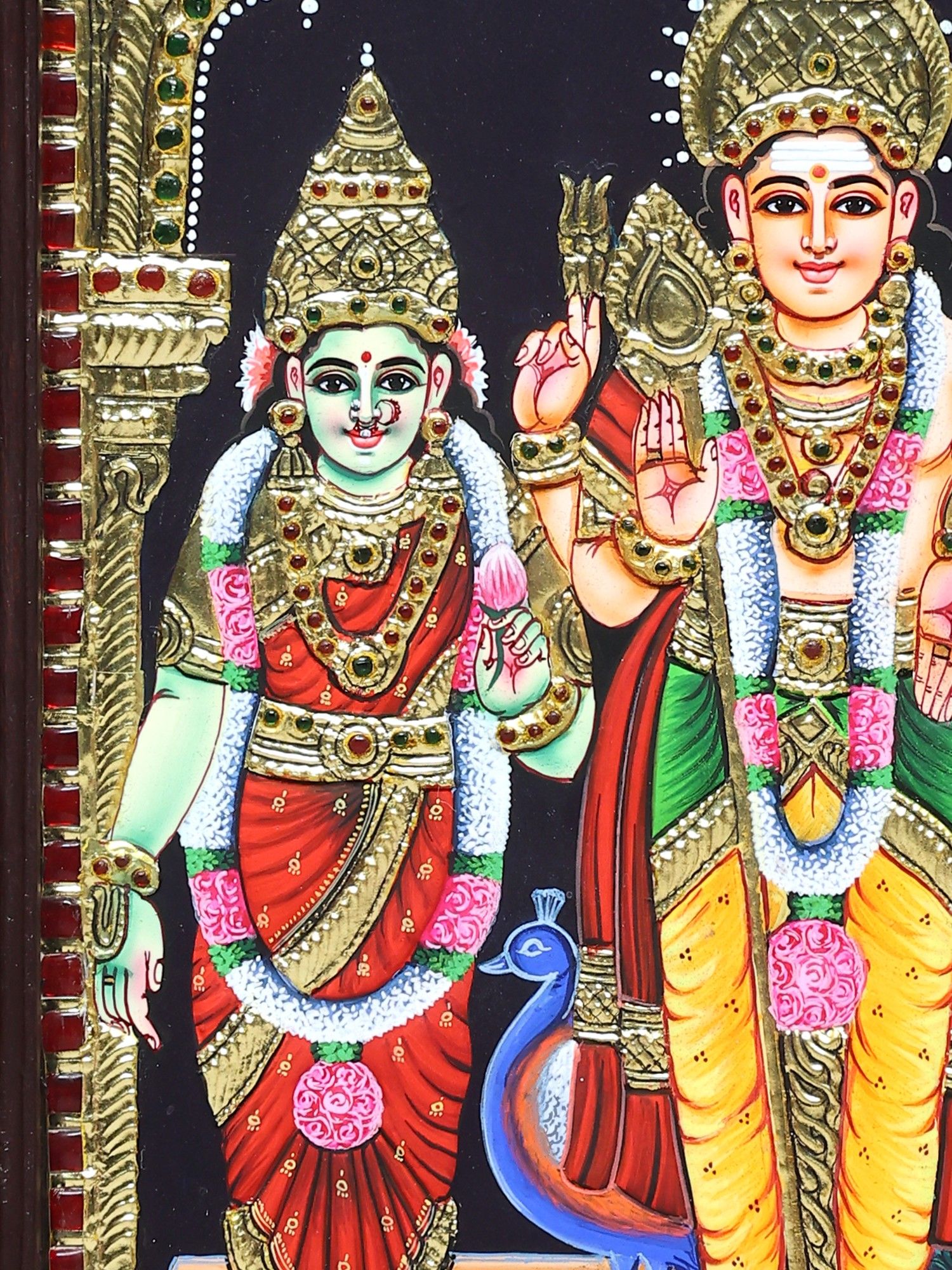 1500x2000 Lord Murugan Standing with Deivanai and Valli. Handmade Tanjore Painting. Traditional Colors with 24 Karat Gold. With Frame. Exotic India Art