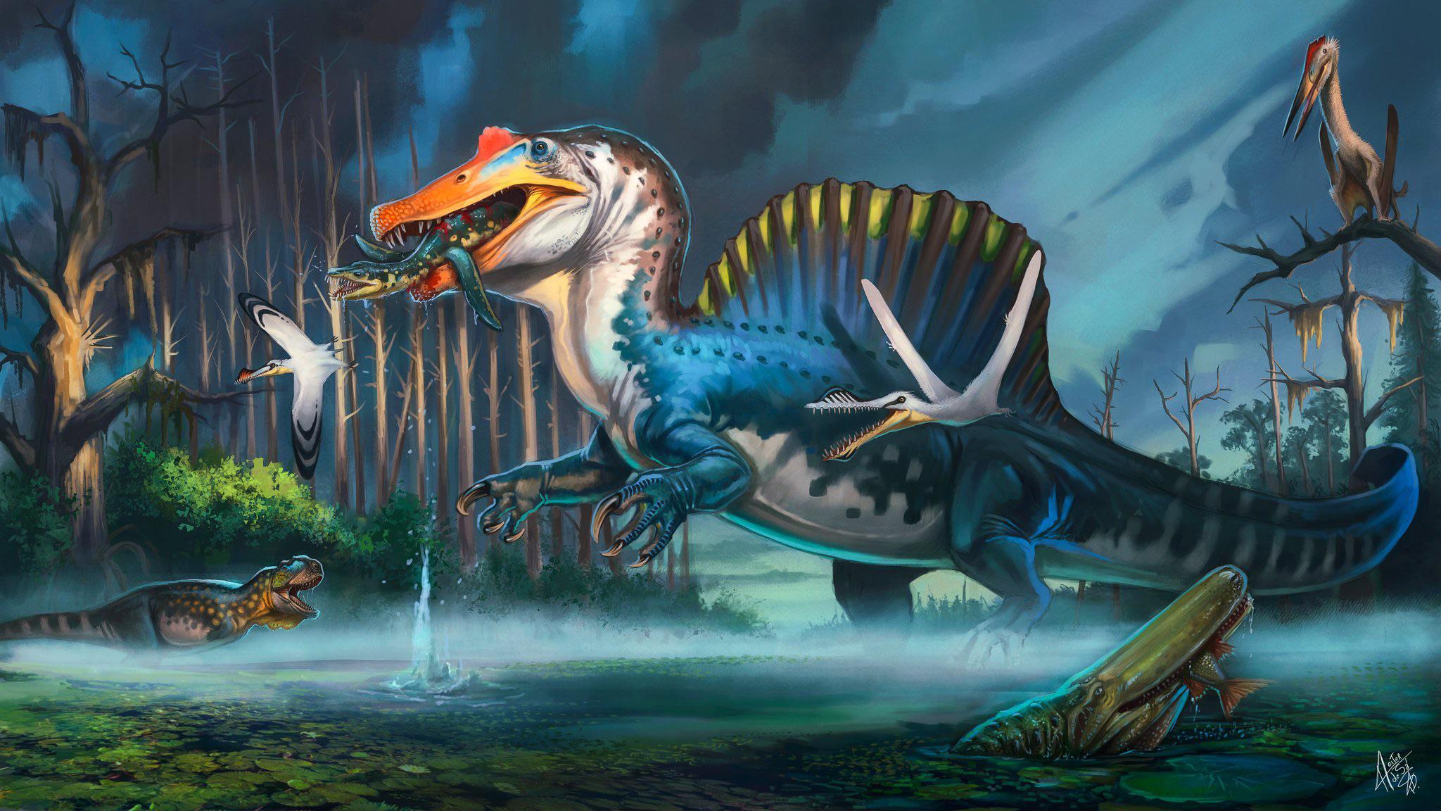 2048x1152 River king: a Spinosaurus devours a freshwater plesiosaur