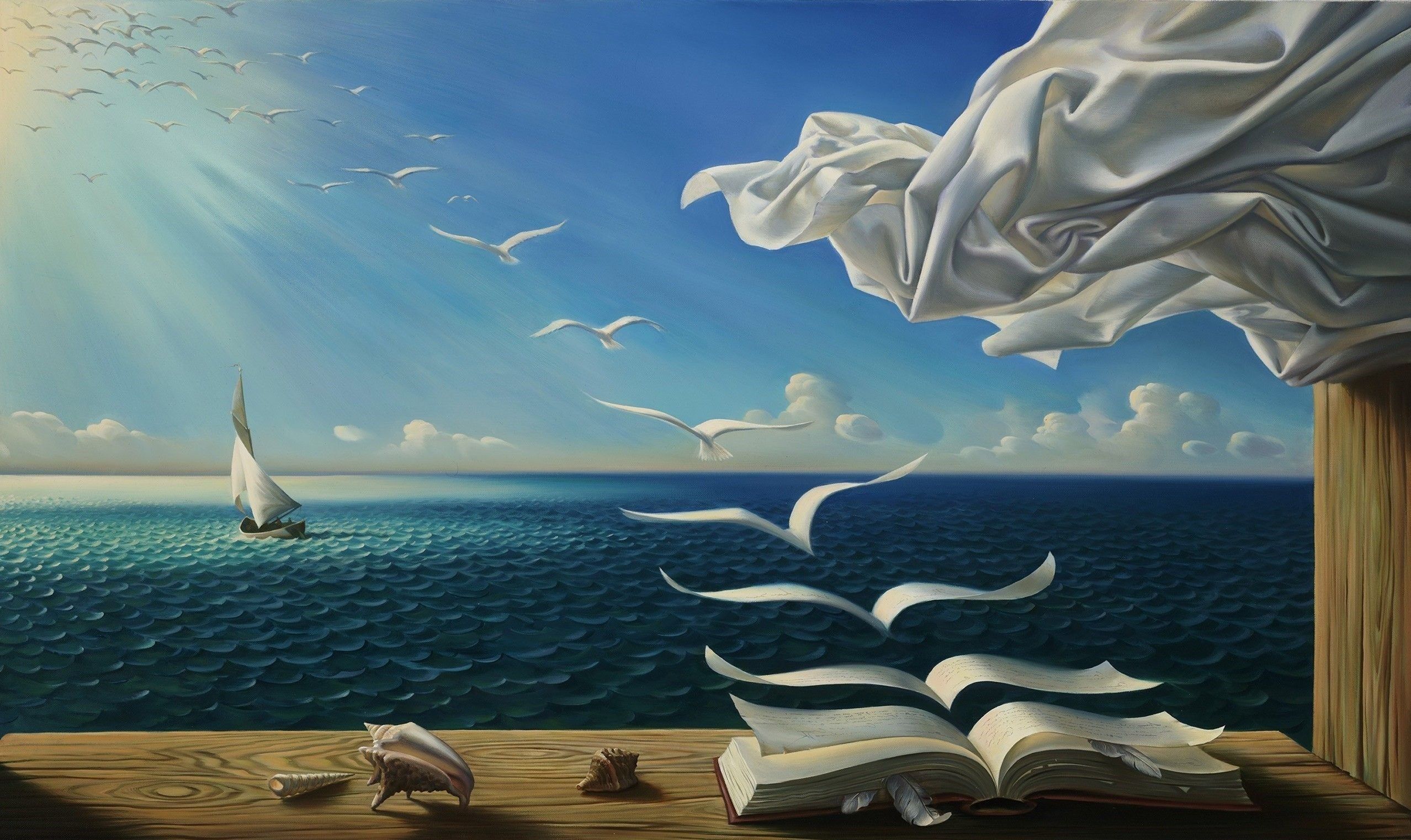 2556x1522 Rob Gonsalves Sea Books Birds Canvas Print Art Home Decor New Gift Reproduction