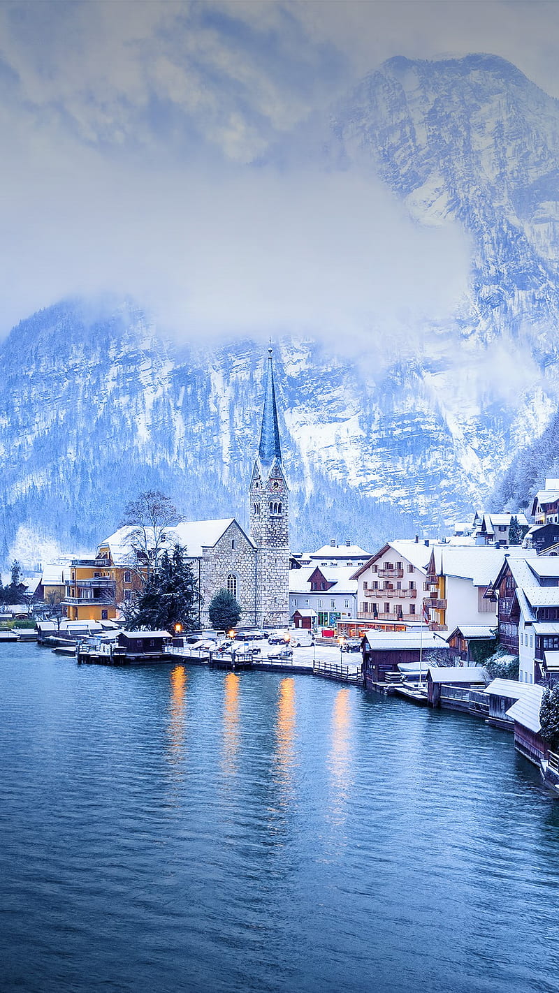 800x1422 Hallstatt, Austria, landscape, snow, winter, mountains, river, snowy mountain, HD phone wallpaper