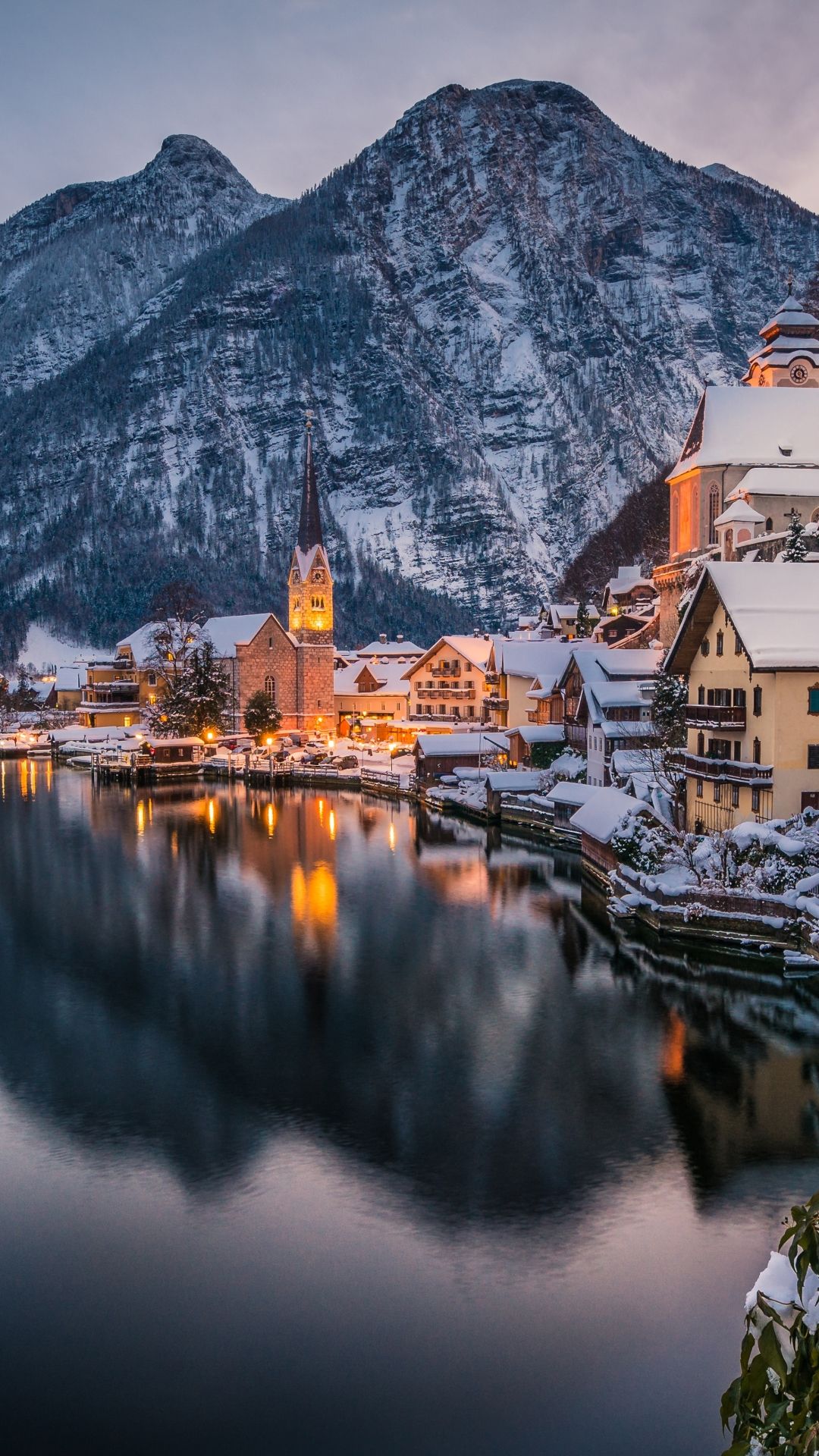 1080x1920 Phone wallpaper: Hallstatt, Mountain, Towns, Man Made, Austria, Winter, Town, Lake 1158546