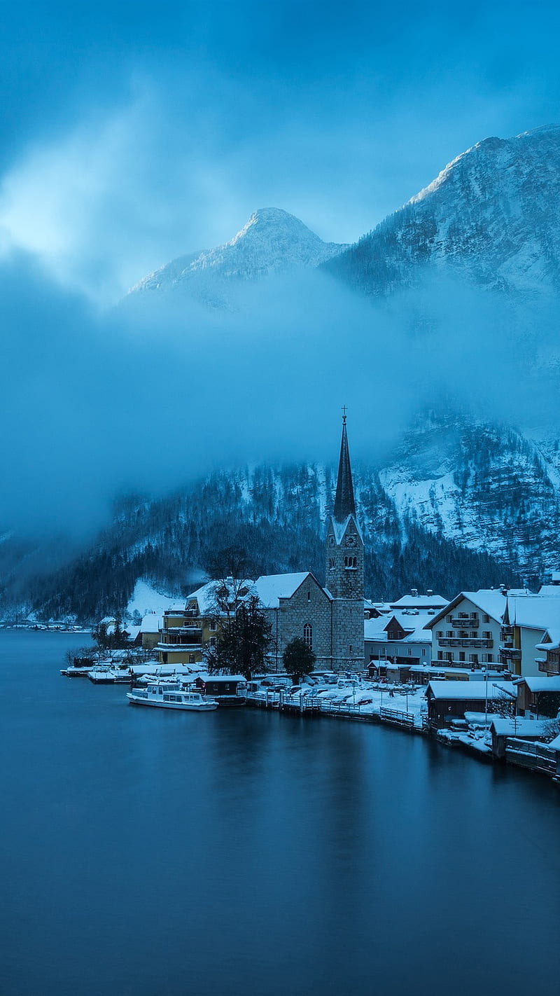 800x1422 Hallstatt, Austria, winter, snow, lake, mountains, fog, beautiful village U, HD phone wallpaper