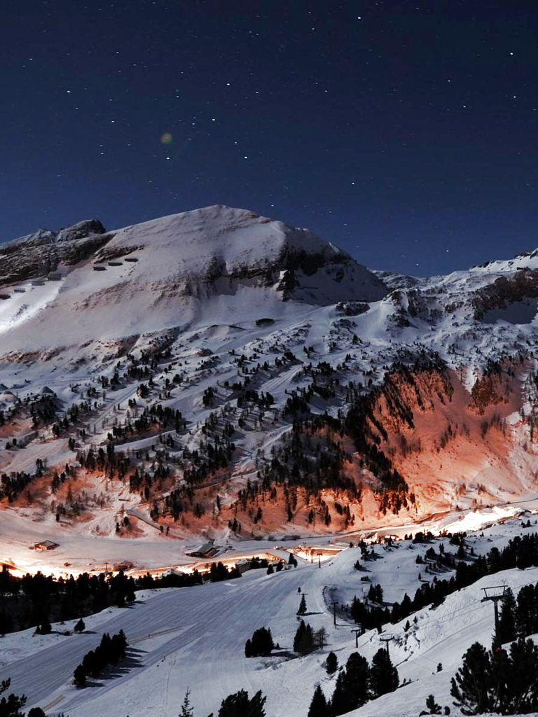 768x1024 Phone wallpaper: Mountains, Earth, Mountain, Austria, Snow, Light, Winter, Night, Village, Landscape, Stars, Sky 1090479
