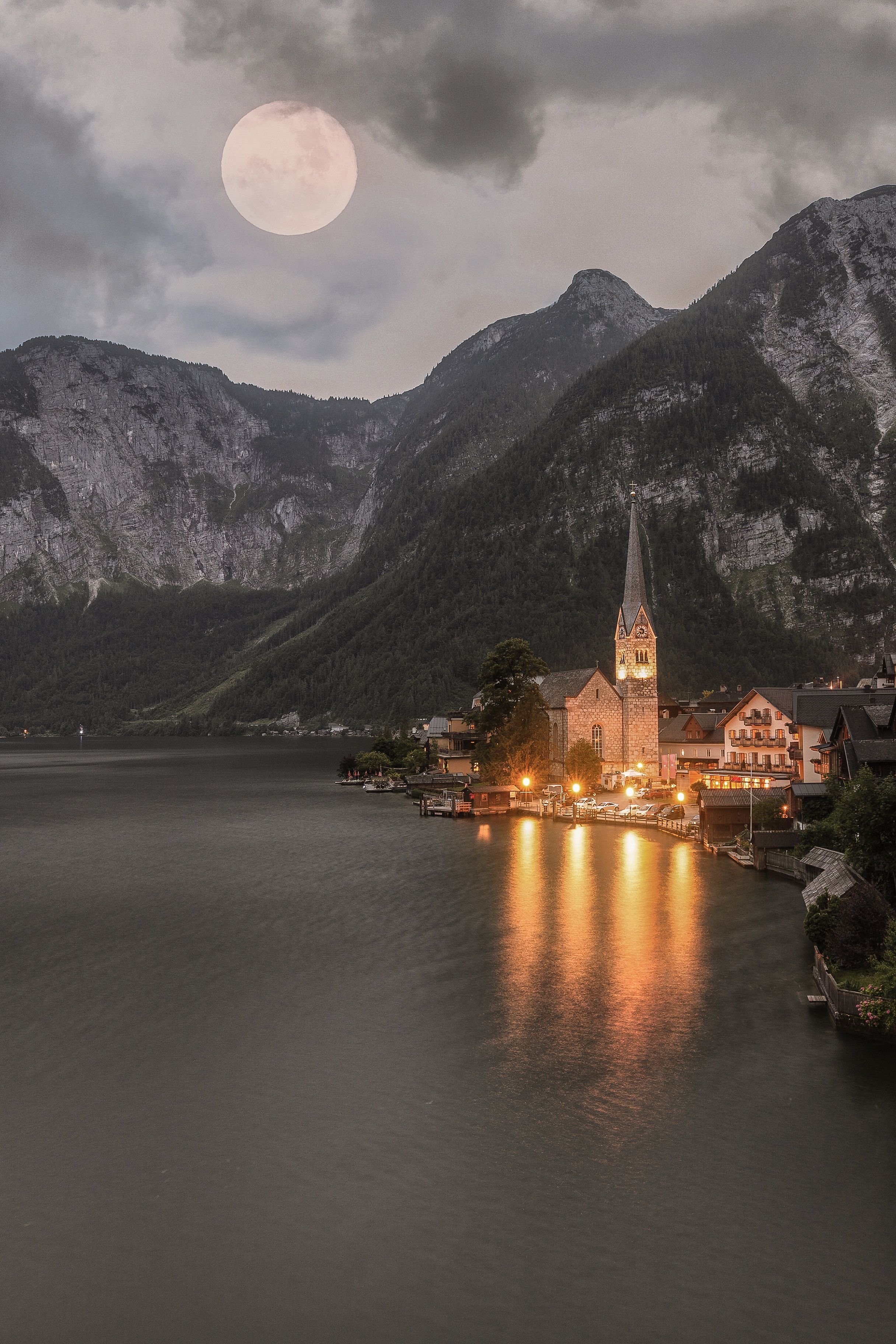 2432x3648 Phone wallpaper: Lighting, Austria, Hallstatt, Nature, Mountains, Illumination, Lake, Temple 85167