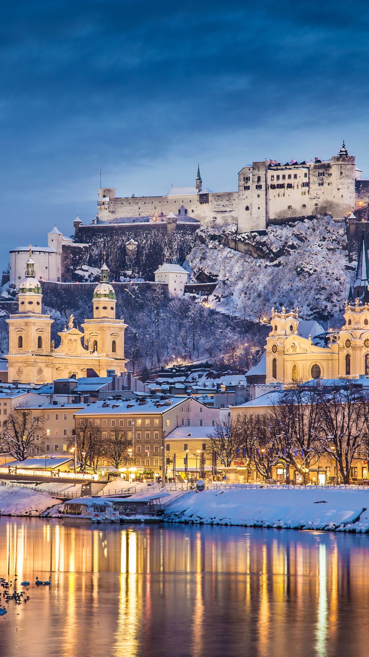 1440x2560 Phone wallpaper: Salzburg, Evening, Winter, Man Made, Hohensalzburg Castle, Austria, Castle, River, Snow, Castles 395586