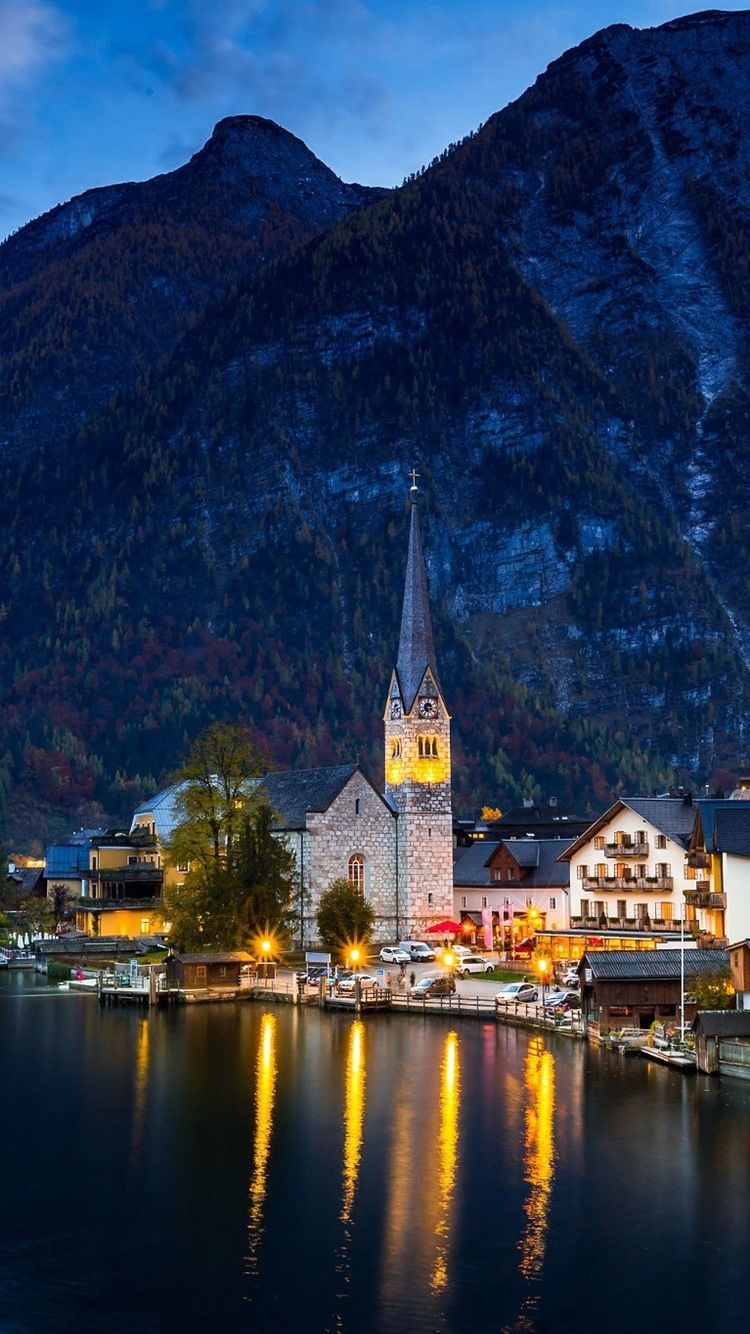 750x1334 Austria, Hallstatt, Lake, Houses, Mountains, Night, Lights 750x1334 IPhone 8 7 6 6S Wallpaper, Background, Picture, Image