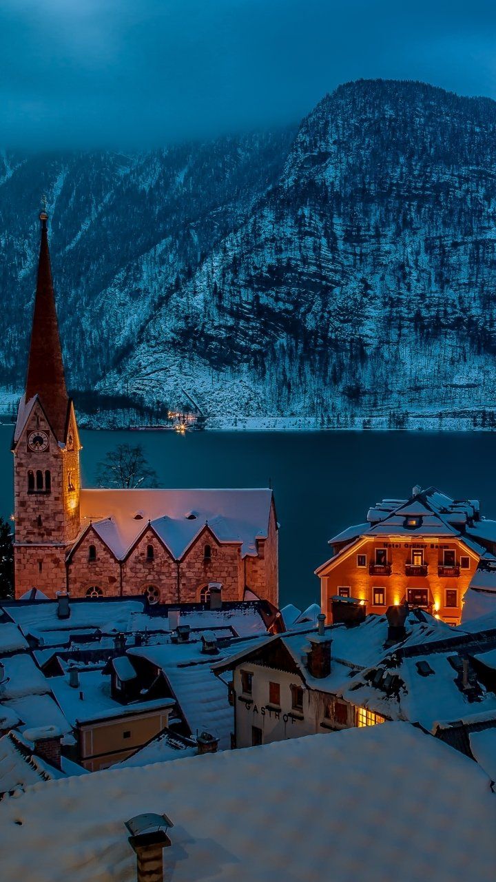 720x1280 Download Mountain Snow Winter Night House Town Man Made Hallstatt Winter Night Snowy Mountain Night Snow Phone Wallpaper