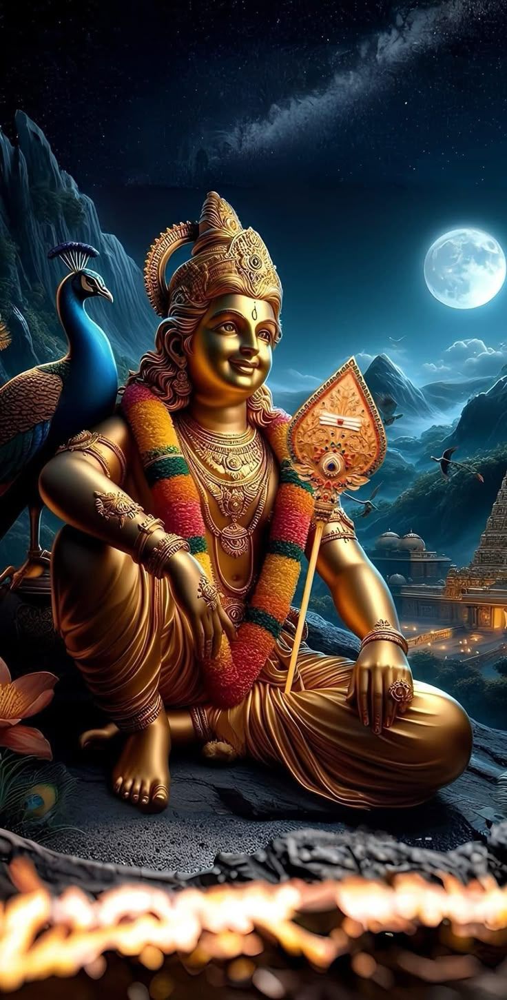 736x1451 Lord Shiva Statue in Night Time Scene with Peacock. Subramanya swamy 3D image, Lord subrahmanya