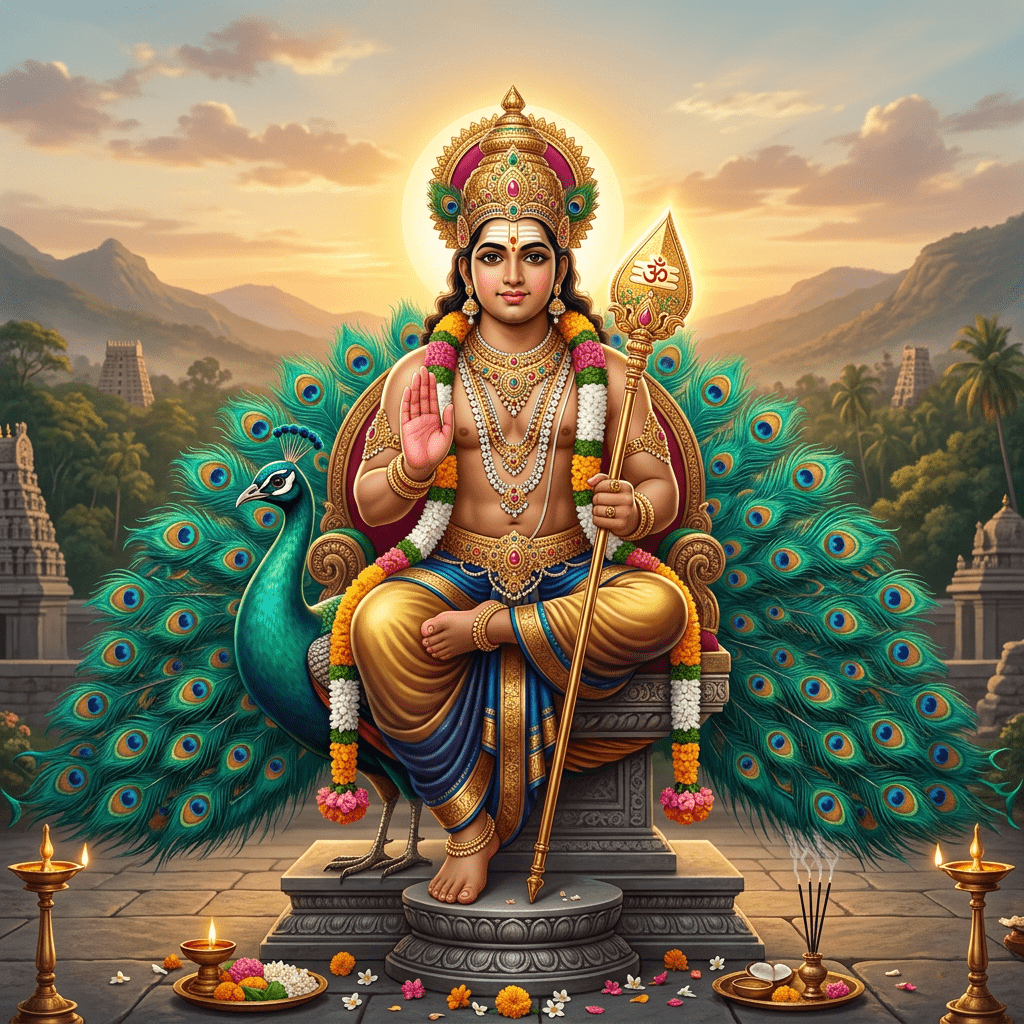 1024x1024 Lord Subramanya On Peacock: Divine Image With Vibrant Brilliance And Blessings. AI Art Generator. Easy Peasy.AI