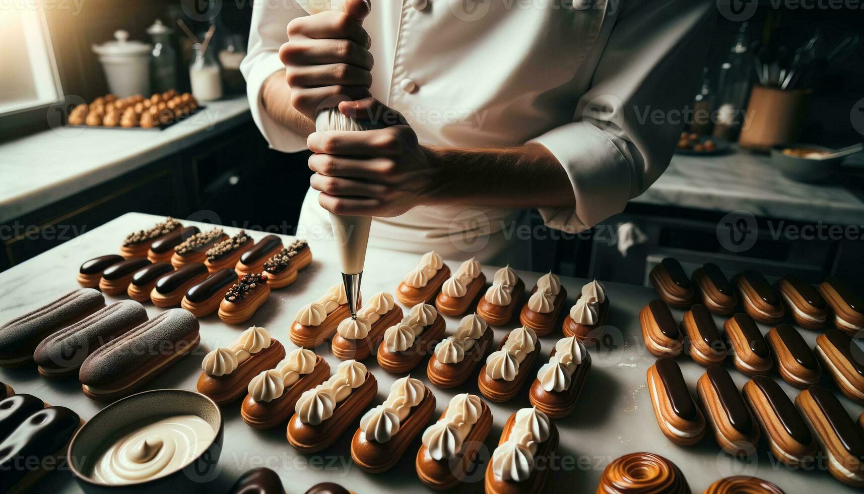 1715x980 AI generated The pastry chef expertly squeezes the cream onto the eclairs in his kitchen. Generative AI