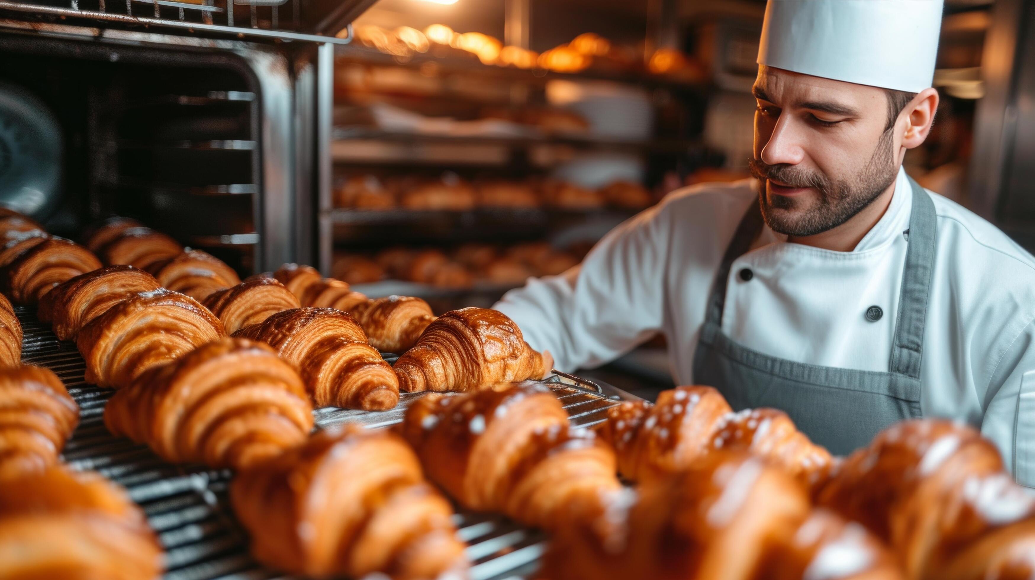 3497x1960 AI generated A joyful moment of a pastry chef pulling a tray of freshly baked croissants from the oven