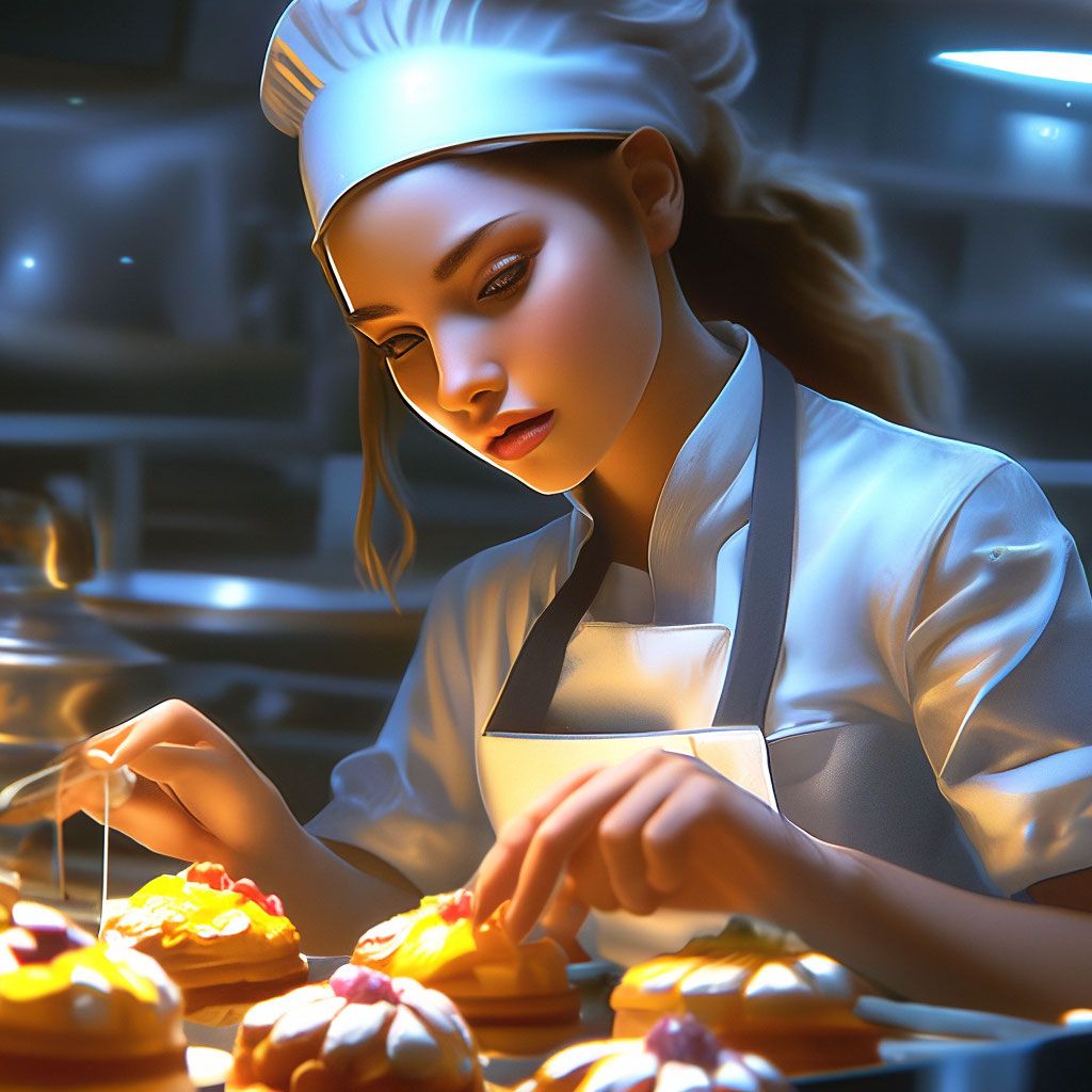 1024x1024 The girl is a pastry chef, at work. the girl is a mystery.. coherent + subdued lighting, professional photo