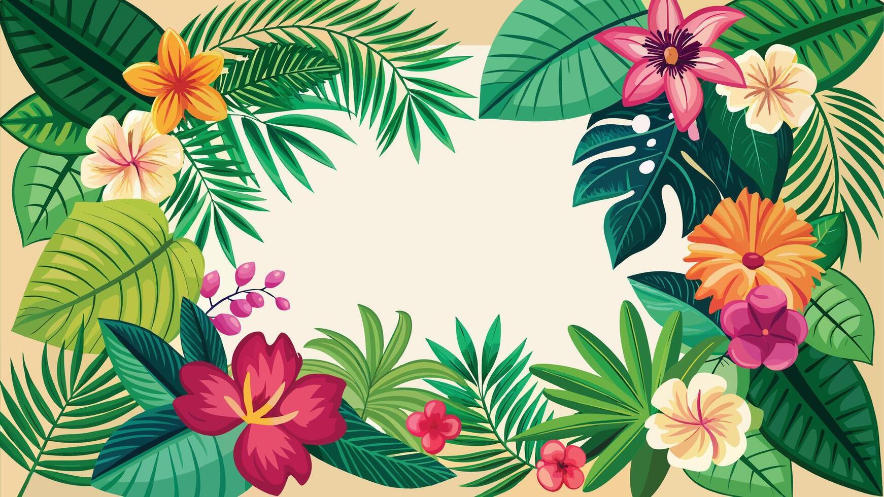 1742x980 Tropical background with flowers and palm leaves. Vector