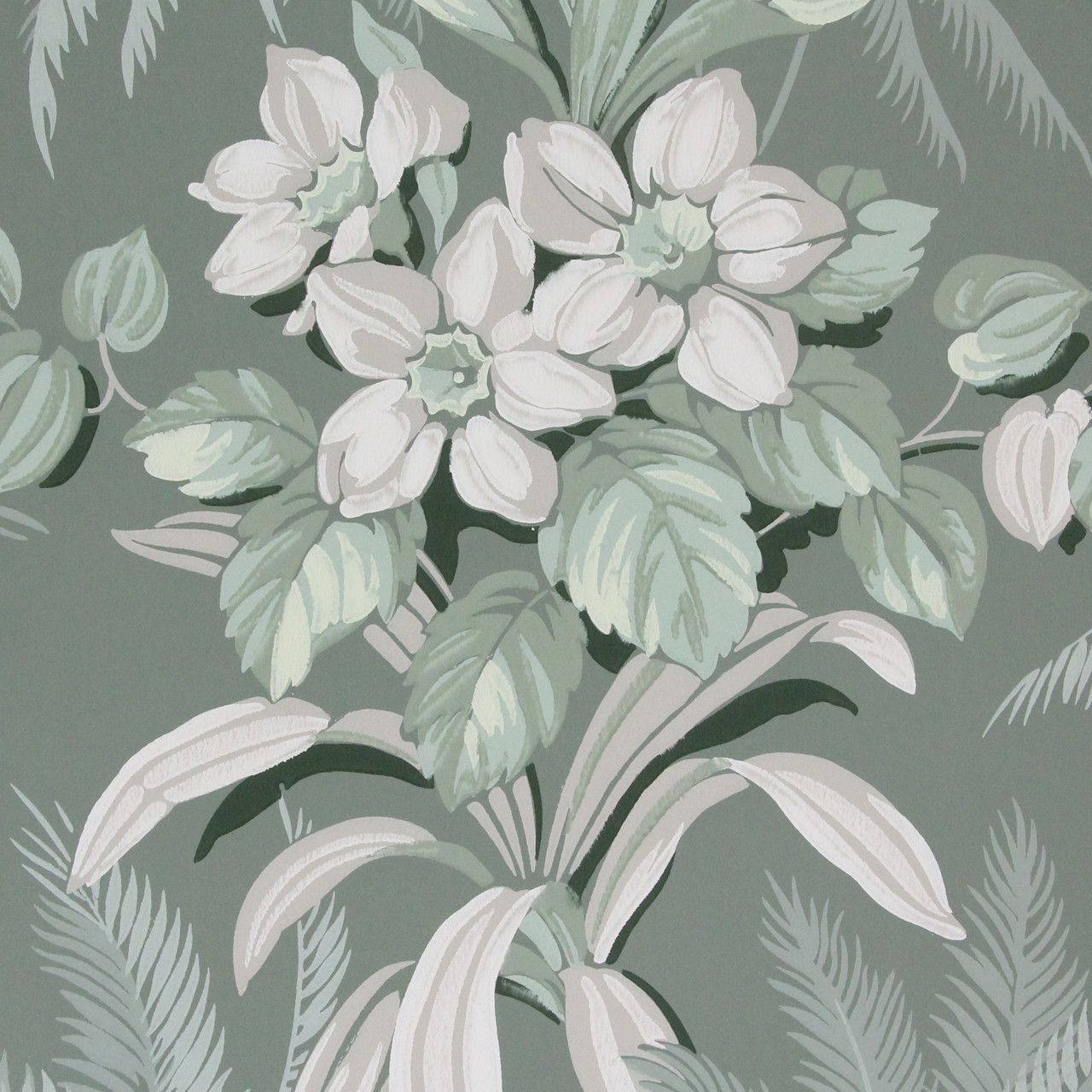 1280x1280 1940s Vintage Wallpaper White Tropical Flowers on Green's Vintage Wallpaper