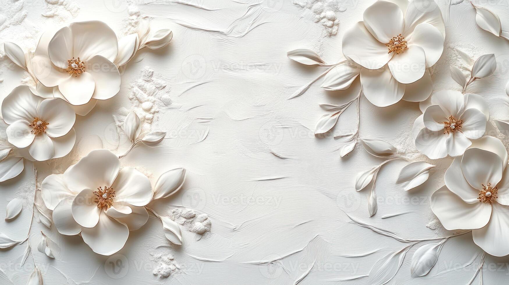 1749x980 White 3D Flowers and Leaves on a Textured White Background