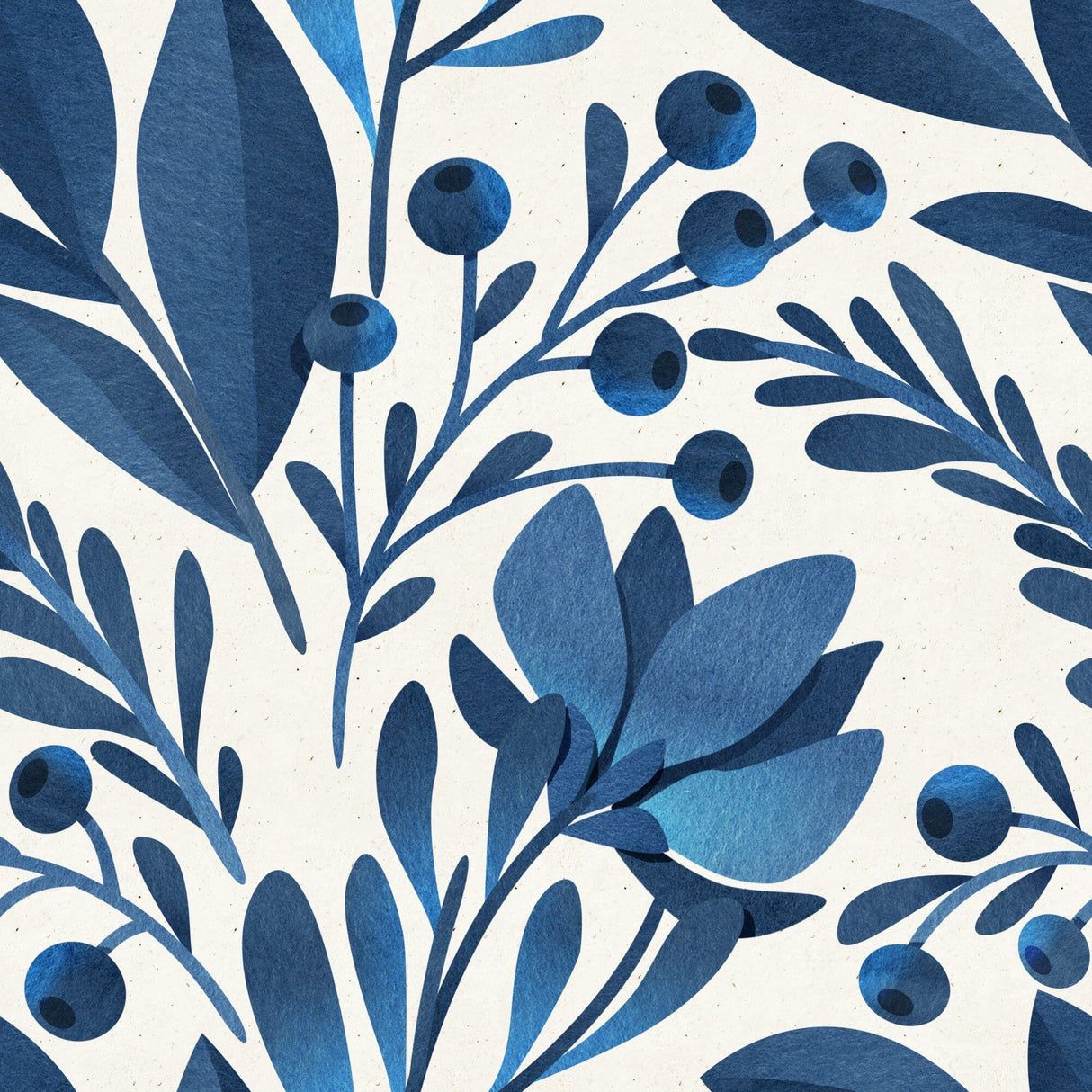 1214x1214 Navy Blue Flowers and Leaves Wallpaper 24''W x 75''H / Smooth Vinyl Peel & Stick