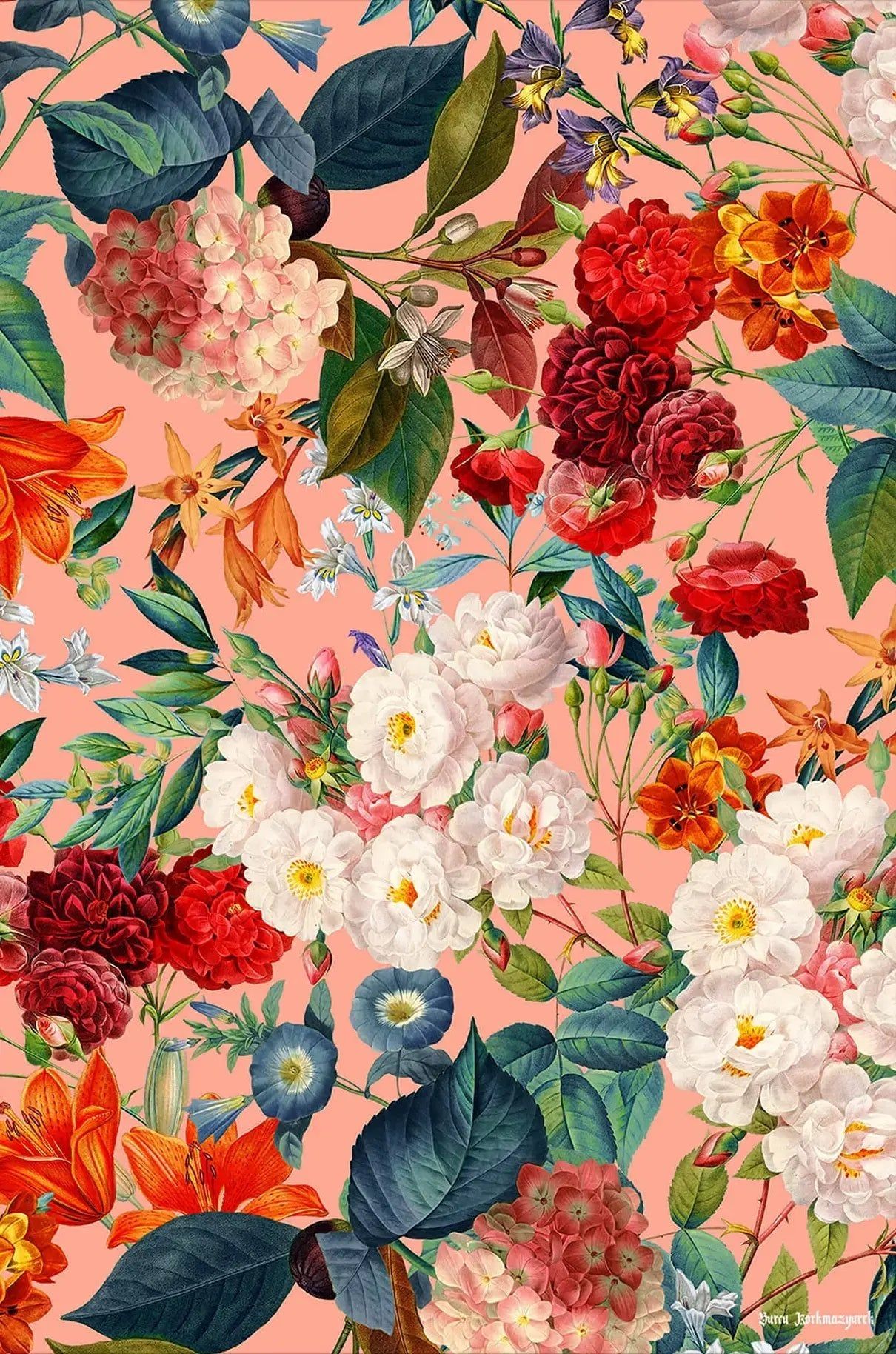 1210x1828 Coral Pink Floral Botanical Art. BIG Wall Décor