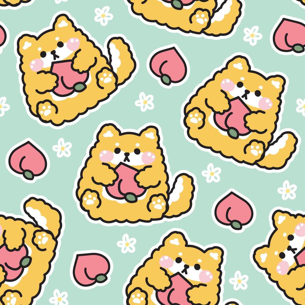980x980 Seamless pattern of cute shiba inu doll hold peach and flower background.Fruit.Japanese pet animal character cartoon design.Image for card, sticker, baby clothing.Kawaii.Illustration