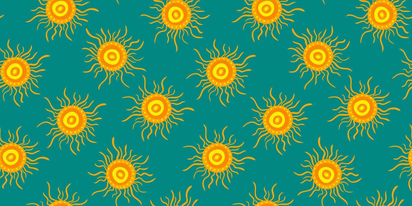 1400x700 Groovy Emerald Sun Pattern Wallpaper Vibrant Summer Aesthetic, Bohemian Folk Art, Abstract Desert Vibe, Hand Drawn Texture, Bright Warm Seamless Background