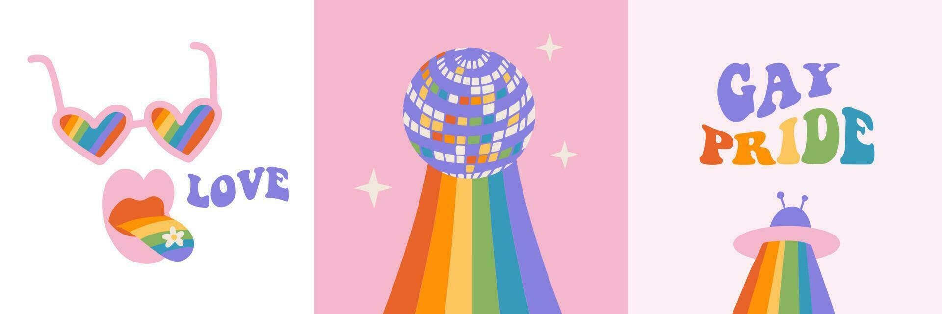 1920x640 Set of trendy retro minimalist queer aesthetic square cards with wintage rainbow disco elements and text. LGBTQIA Pride Month social media templates with Y2K 90s flat vector design. Groovy vibes 23819130 Vector