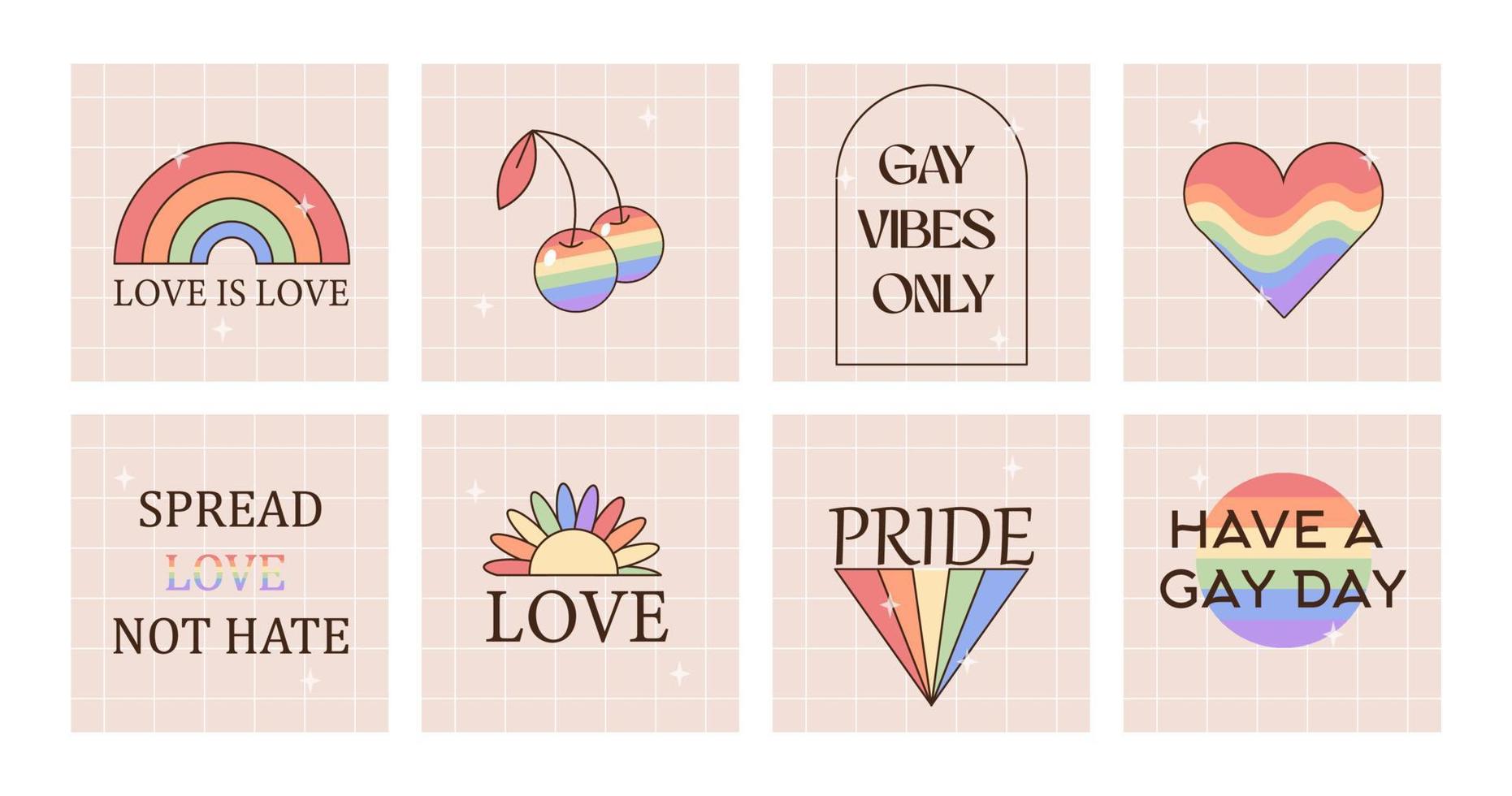 1861x980 Set of vaporwave retro futuristic lofi social media post for LGBTQ Pride Month. 80s 90s Y2K aesthetic square banners. Queer greeting cards with old computer dialog window, rainbow and heart. Vector. 23099282