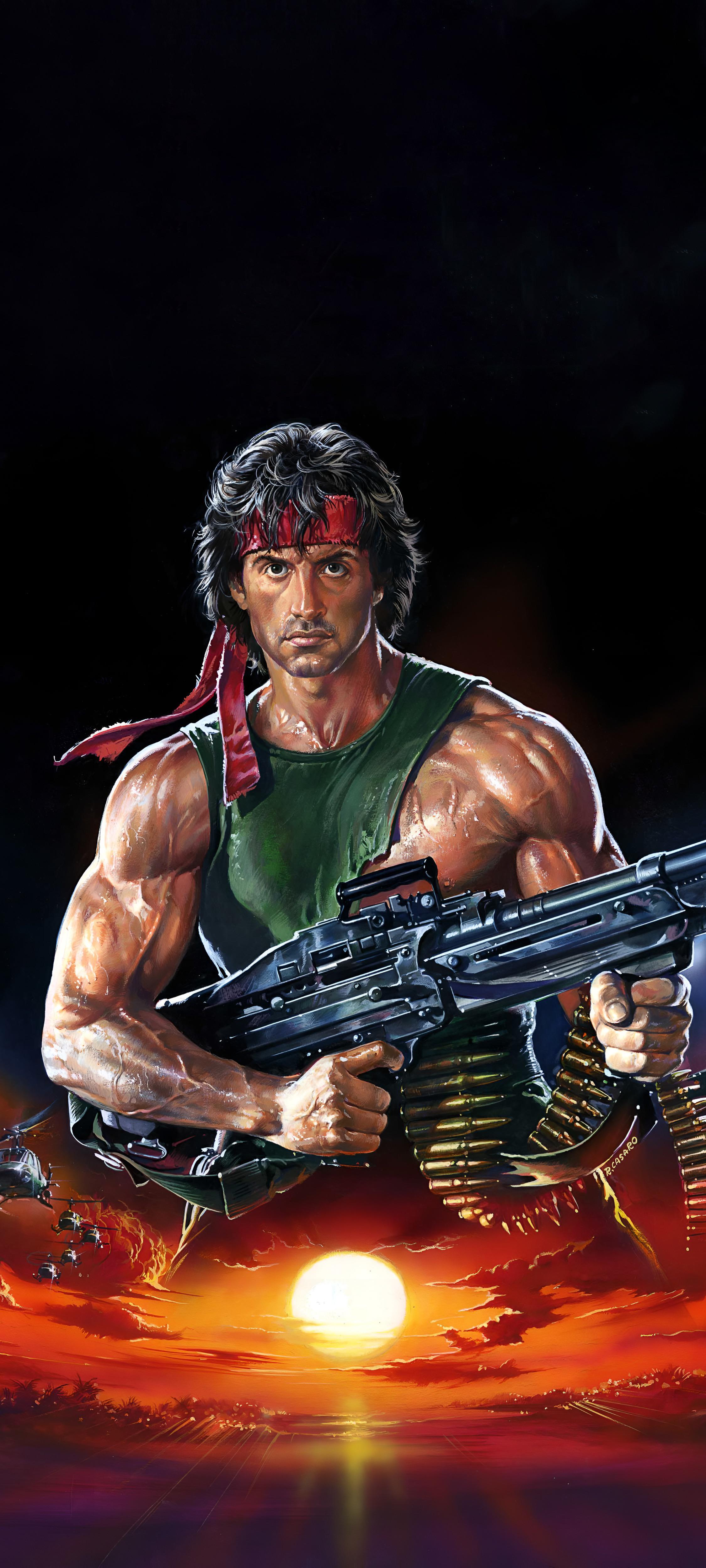 2250x5000 Rambo: First Blood Part II movie film poster, Sylvester Stallone, DEPTH EFFECT optimized, phone wallpaper (by Renato Casaro) [2250x5000] [20:9]