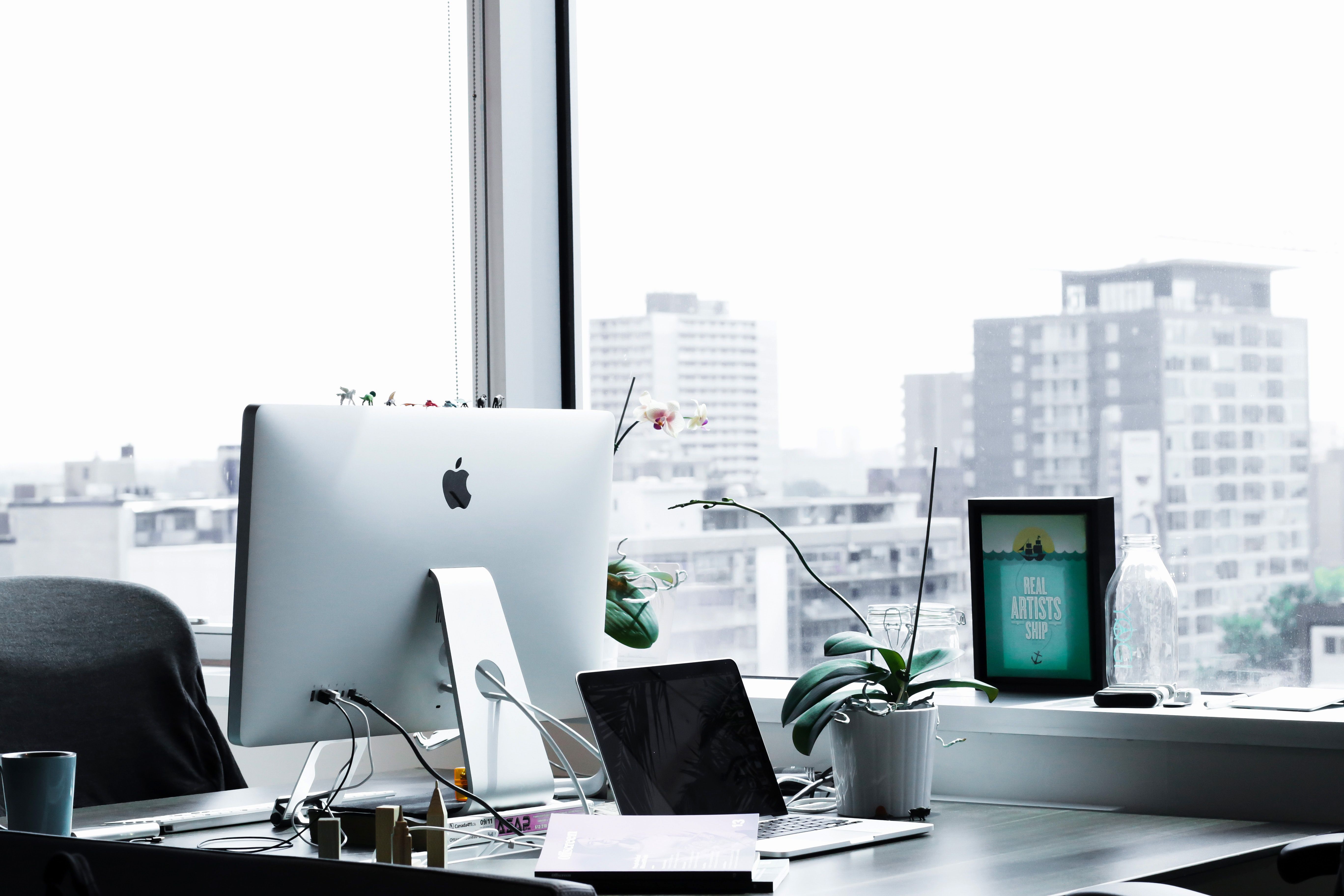 5472x3648 Office Setup with apple monitor and computer image Domain photo
